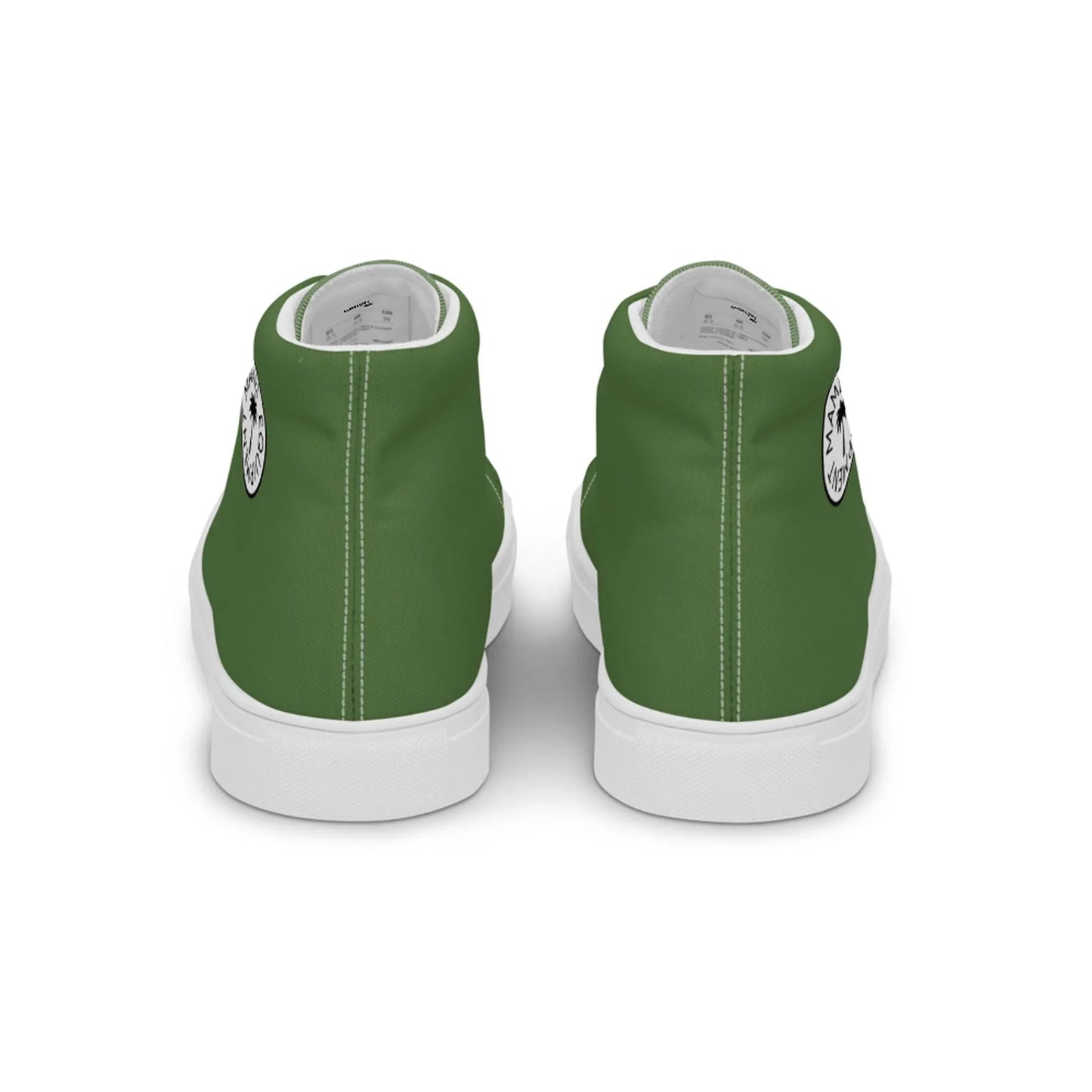The Carlito Sastre Vintage Hi-Top Sneakers by Printful in White/Fern Green feature white soles and a circular black-and-white ankle logo, blending classic sneaker design with retro canvas style.