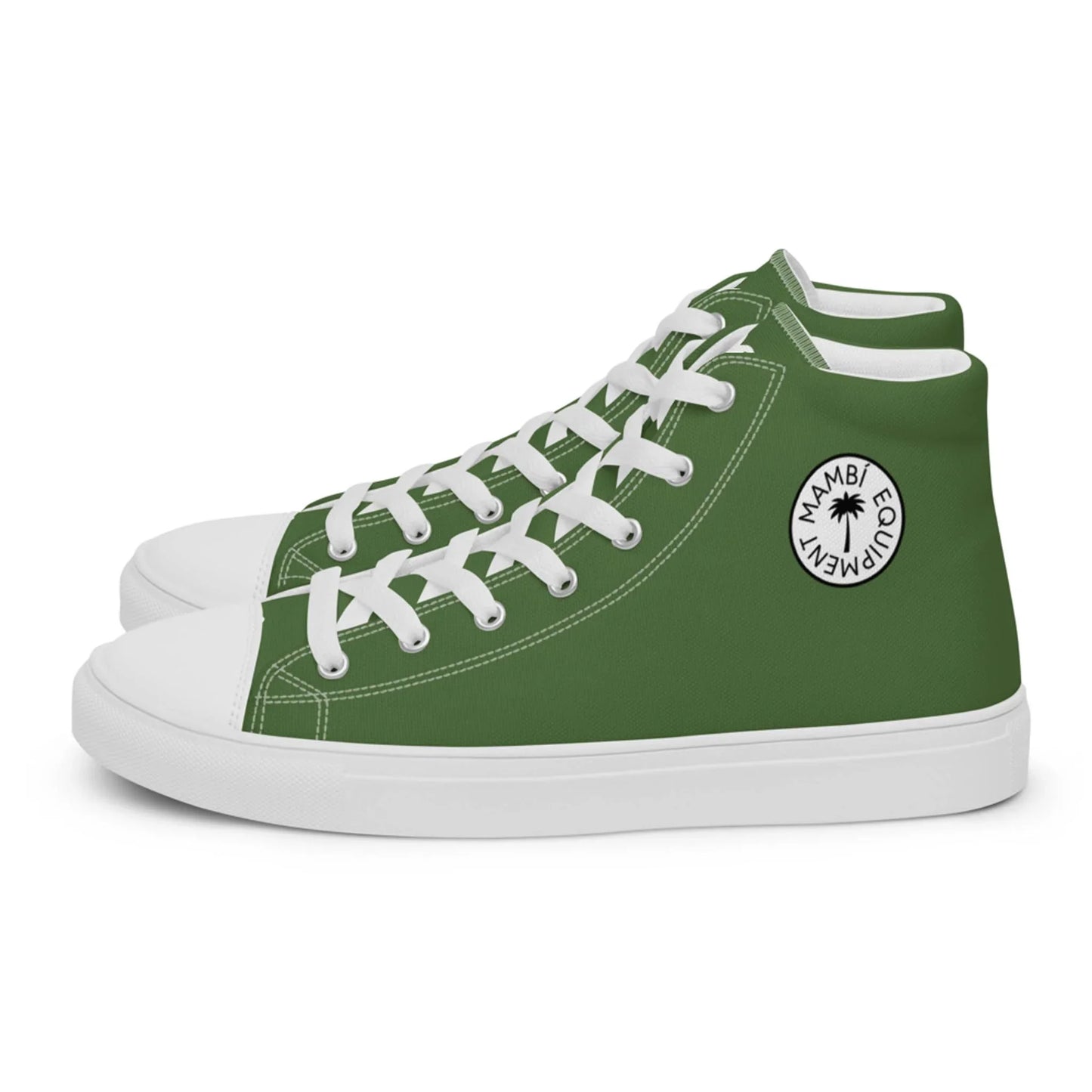 The Carlito Sastre Vintage Hi-Top Sneakers by Printful feature a white/fern green design, white soles and laces, plus a circular palm tree logo with MAMBI EQUIPMENT, inspired by classic sneaker style.