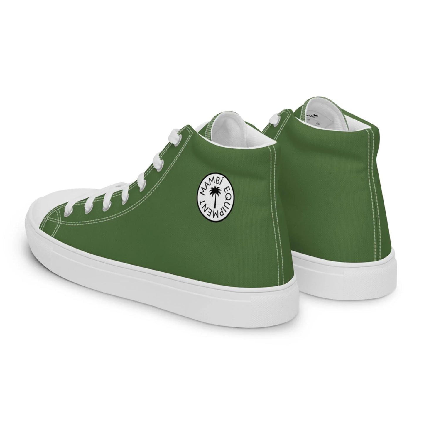 The Carlito Sastre Vintage Hi-Top Sneakers by Printful feature a fern green and white design, canvas build, white soles and laces, and a side patch with “CHAMP COMPANY” text plus a palm tree graphic. Mens sizing.