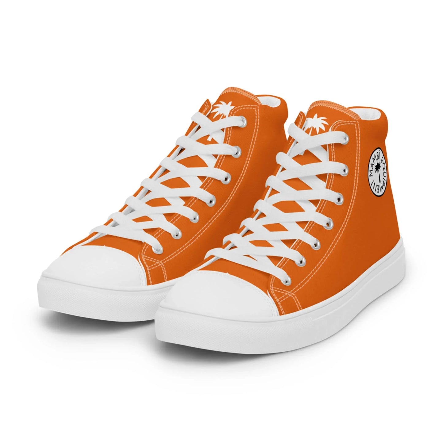 A pair of orange high-top sneakers with white laces and soles, featuring a black-and-white circular Mambí logo on the side and a small palm tree graphic near the top eyelets.