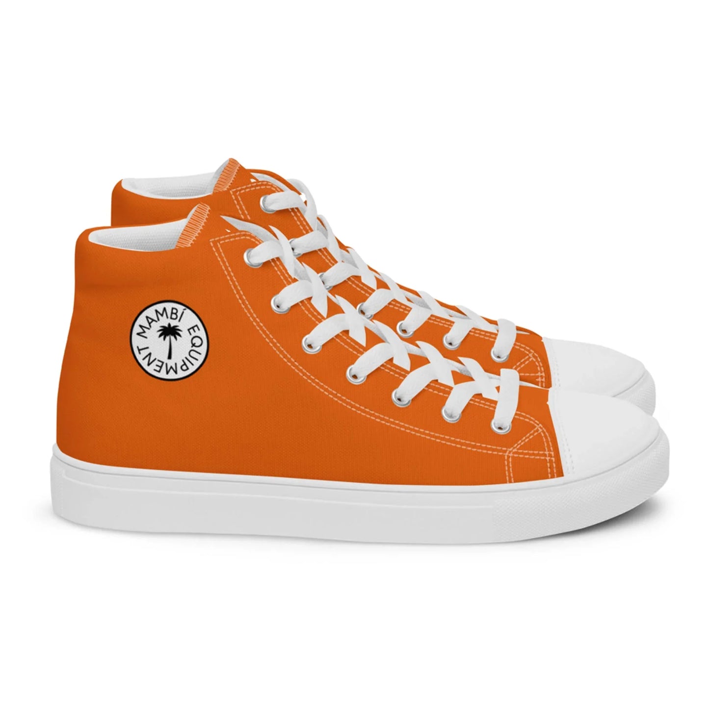 A pair of orange high-top Mambí sneakers with white soles, toe caps, and laces. The sides feature a round white patch with black text that reads HUMAN EQUALITY MOVEMENT around a black star.