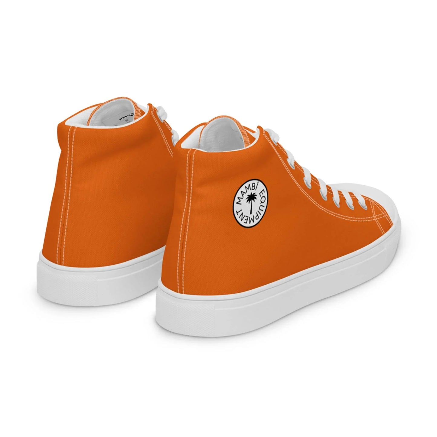A pair of bright orange high-top sneakers with white soles and laces. The shoes feature a round white patch with a palm tree, the text MIAMI CLUBWEAR, and a subtle nod to Mambí on the outer sides near the ankle.