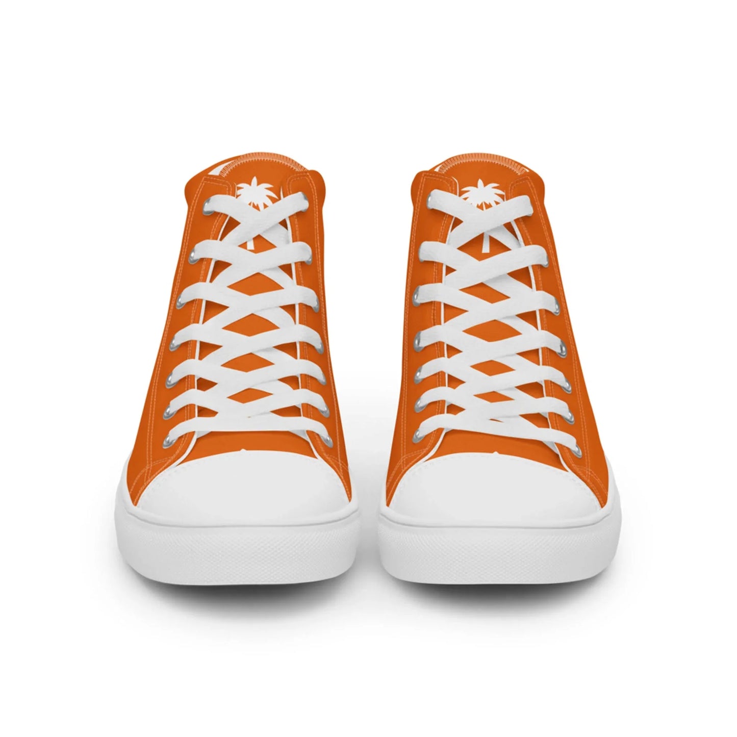A pair of orange high-top sneakers with white laces, toes, and soles. Each shoe features a small white palm tree graphic on the tongue and subtle Mambí detailing. The shoes are positioned side by side, facing forward.