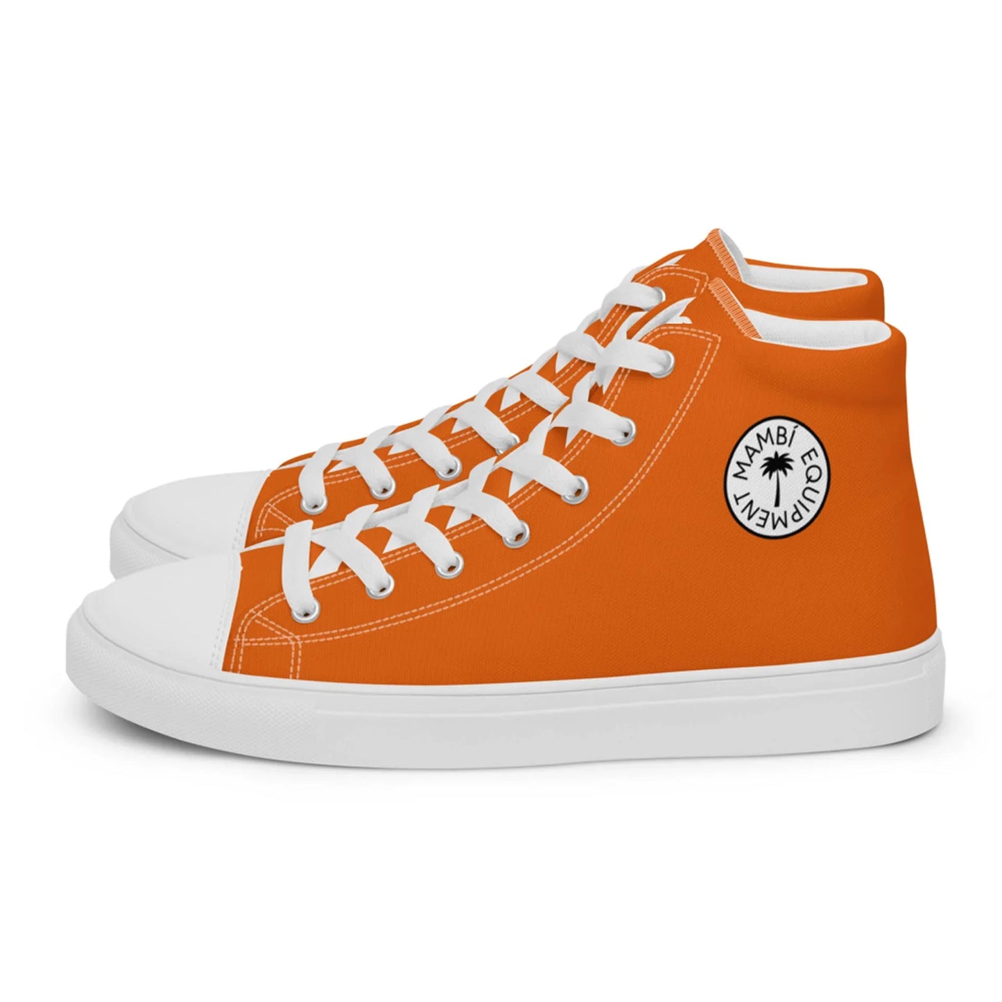 A pair of bright orange high-top Mambí sneakers with white soles, white laces, and a round white logo featuring a palm tree and the words MAMBI EQUAMEN on the ankle area.