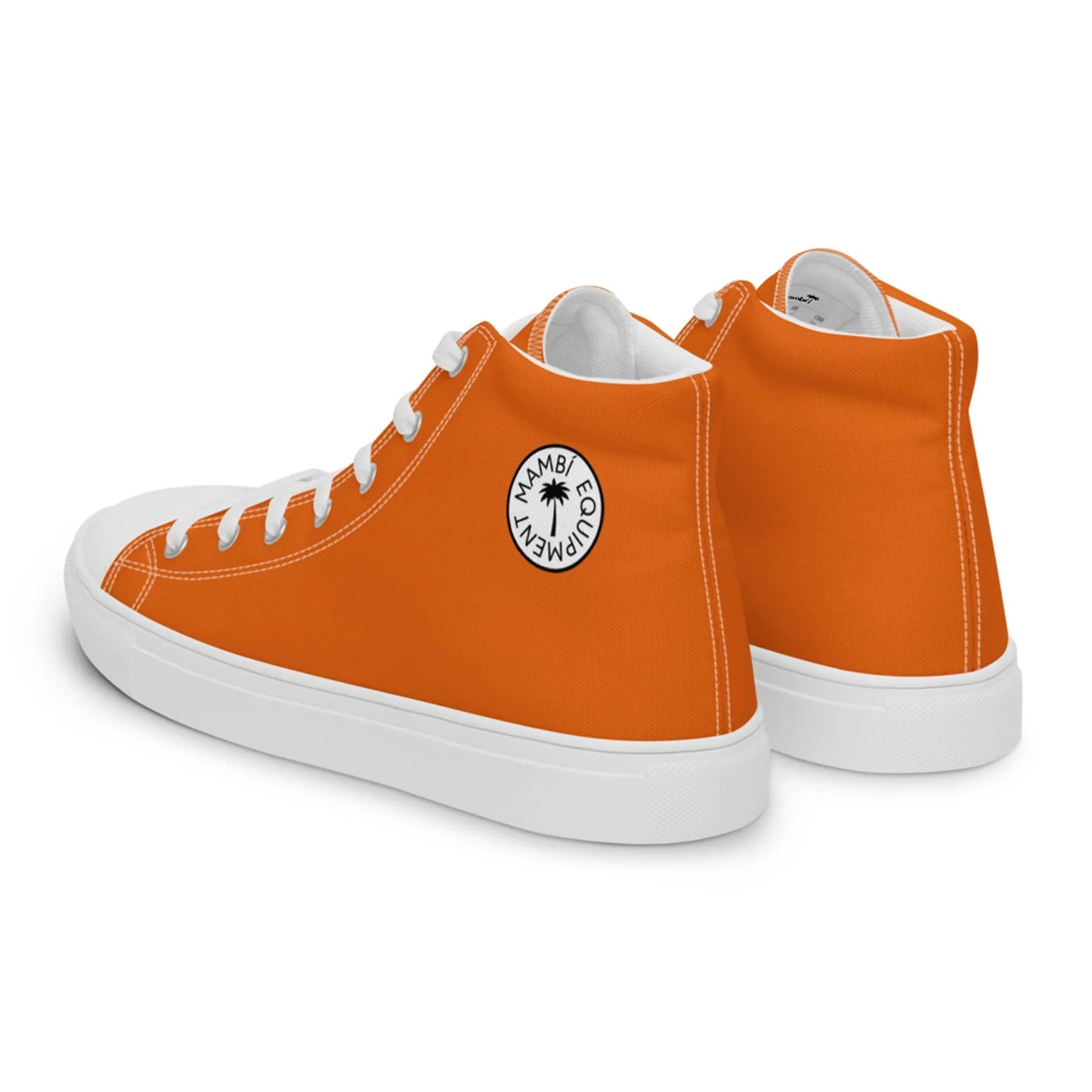 A pair of orange high-top sneakers with white soles and laces. The shoes feature a round black and white patch on the side that reads MIAMIPM with a palm tree icon in the center, adding a touch of Mambí style.
