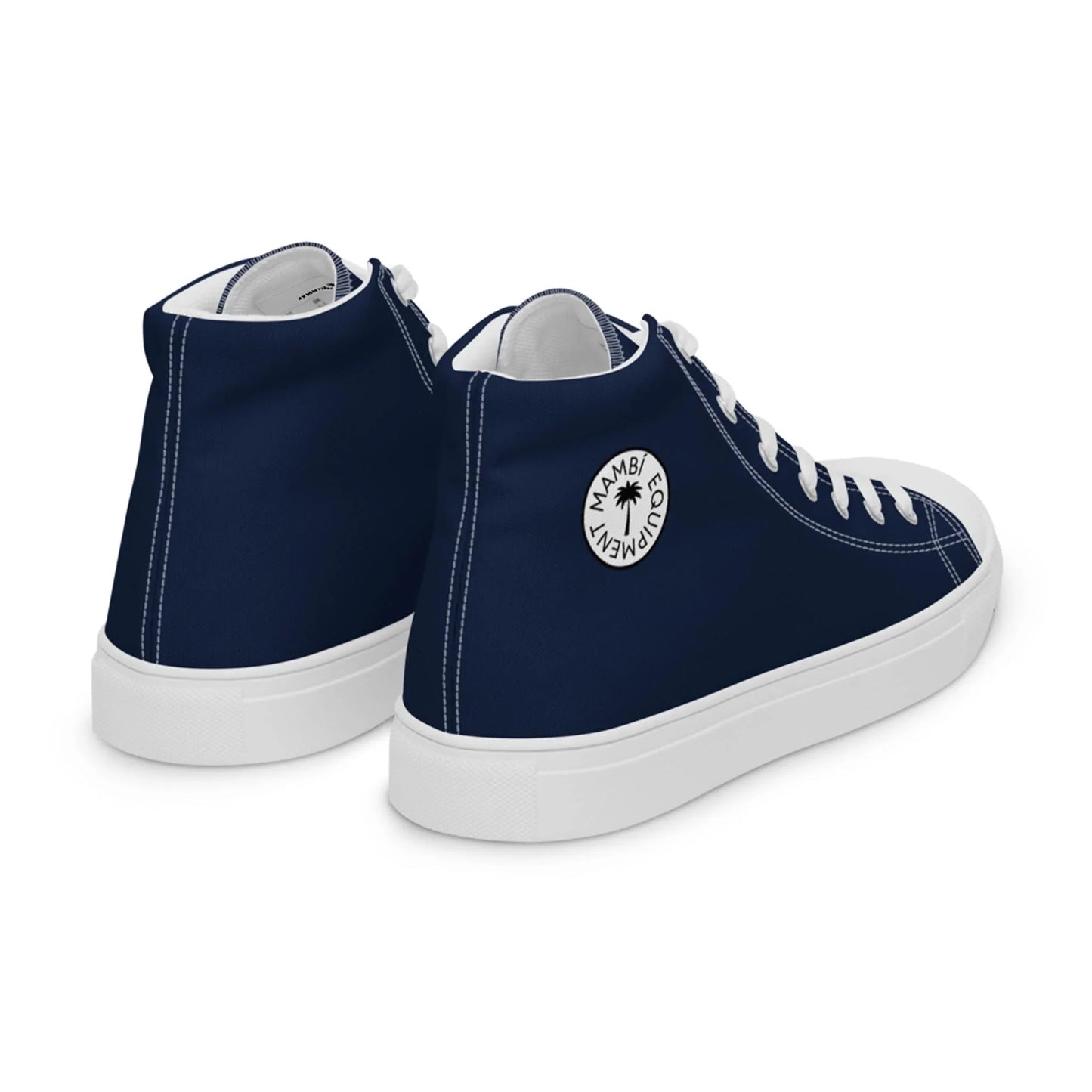 The Carlito Sastre Vintage Hi-Top Sneakers by Printful feature a navy blue canvas upper with white soles, laces, and stitching. Each mens sneaker has a round white patch on the side with black text and a palm tree graphic.