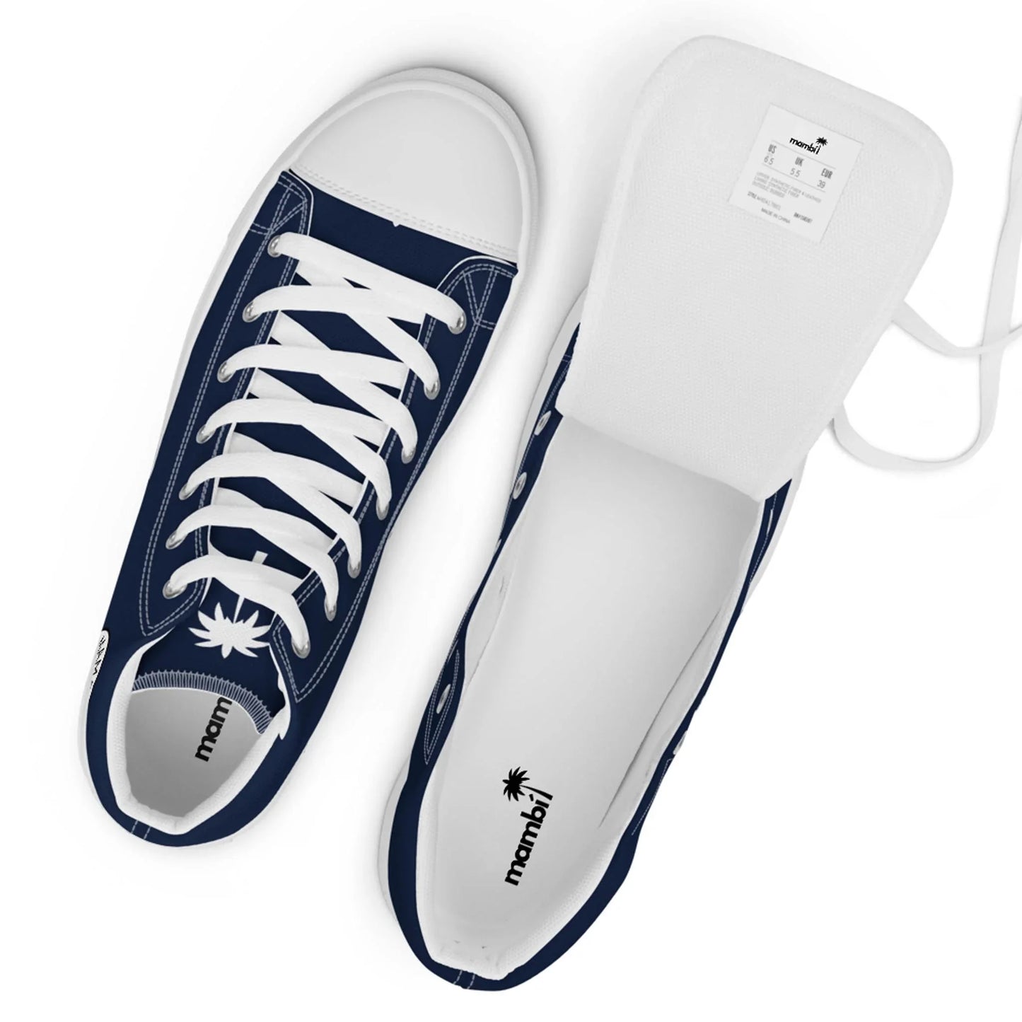 The Carlito Sastre Vintage Hi-Top Sneakers by Printful for men feature a classic white/navy canvas design with white laces and palm tree logo, shown upright and on its side to display the inner white label.