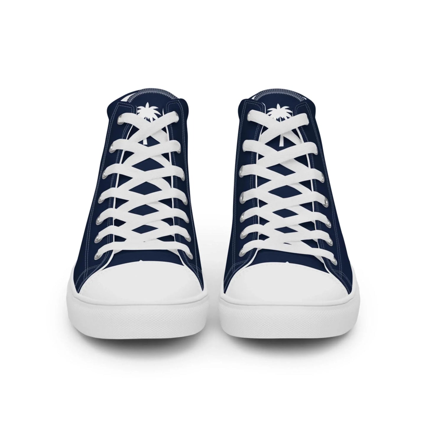 The Carlito Sastre Vintage Hi-Top Sneakers by Printful for men feature a navy and white canvas design with white laces, toe caps, and soles. Each tongue displays a palm tree motif, as seen from the front view.