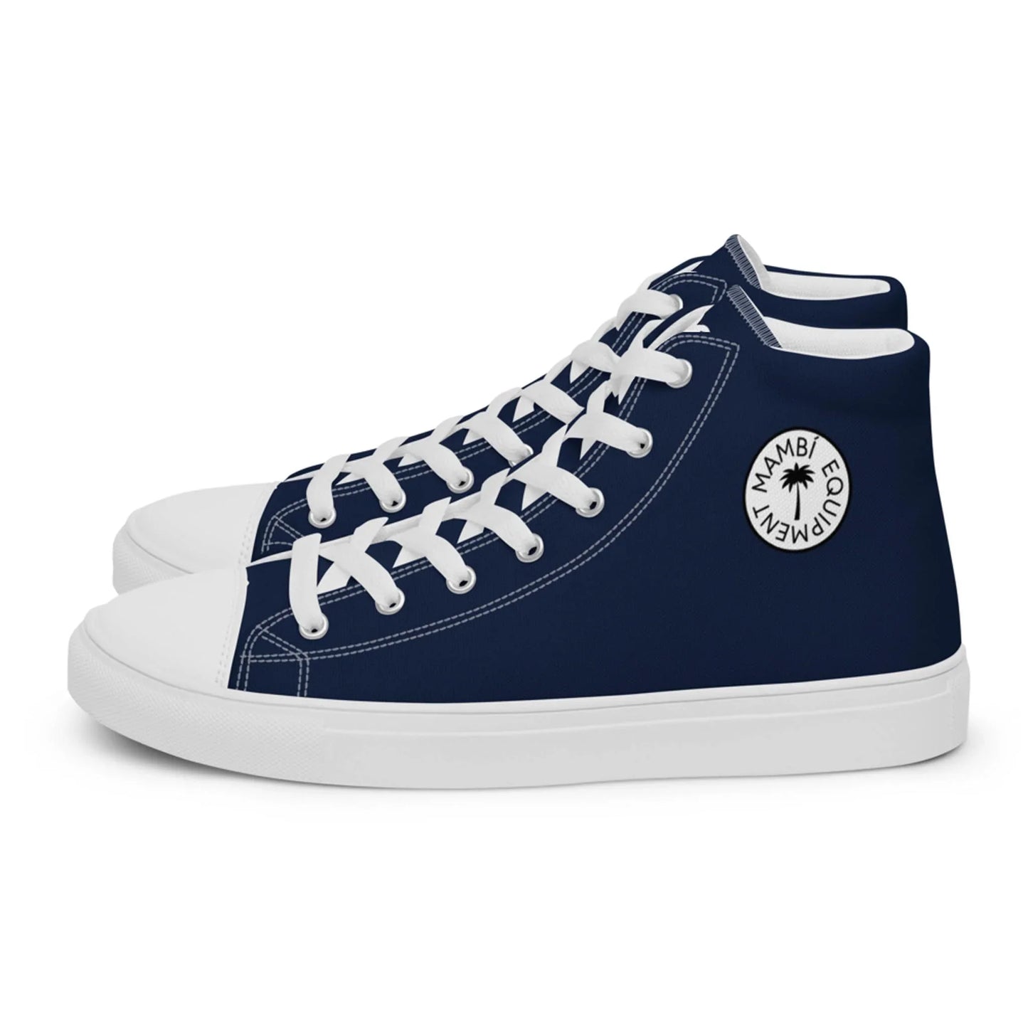 The Carlito Sastre Vintage Hi-Top Sneakers for men by Printful feature a navy canvas upper, white laces and soles, and a circular MAMBI EQUIPMENT logo with a palm tree graphic on the side.