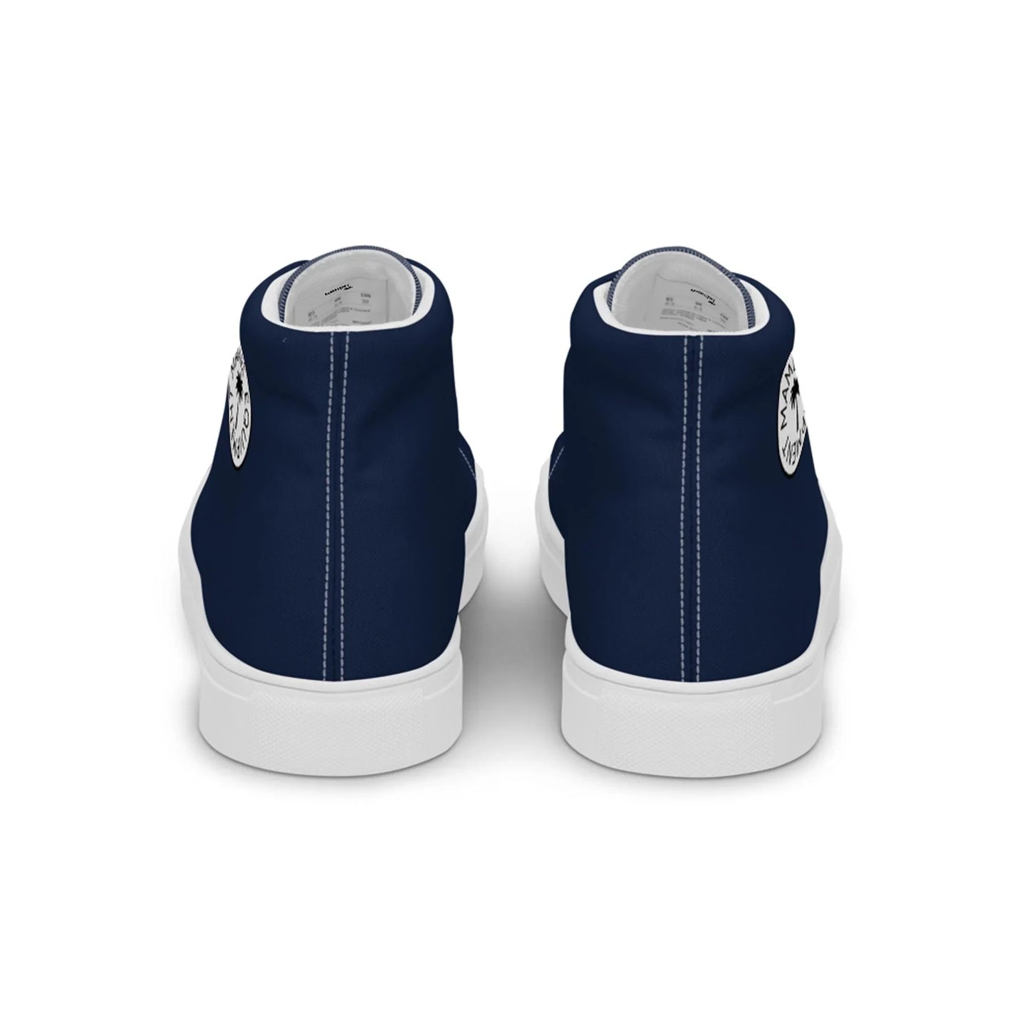 The Carlito Sastre Vintage Hi-Top Sneakers by Printful for men feature a white/navy canvas design with white soles and a black-and-white circular logo on the heel, offering a classic, vintage-inspired look.