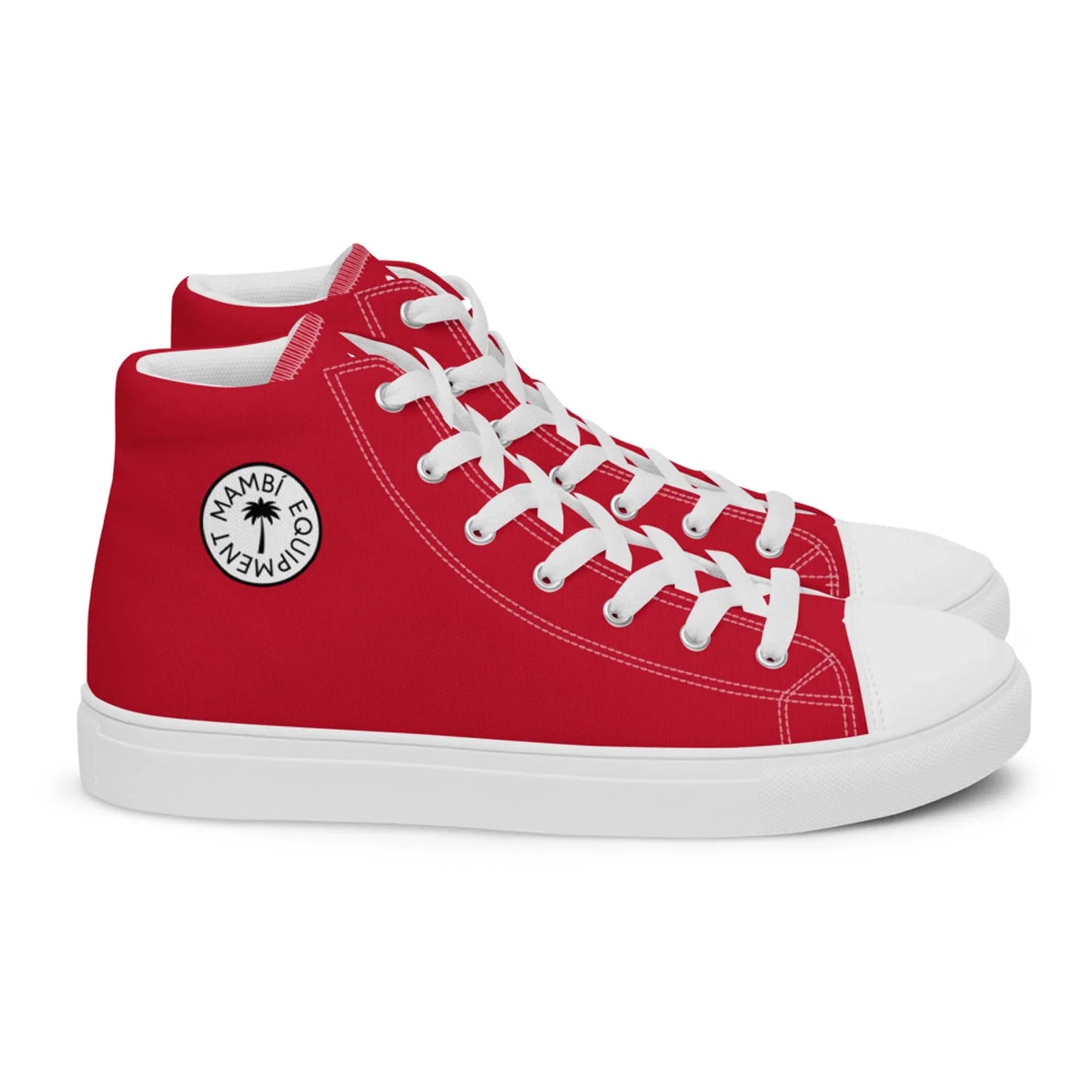 A pair of red Mambí high-top sneakers with white laces, white soles, and a round black-and-white patch on the side that reads HUMAN EQUALITY around a star design.