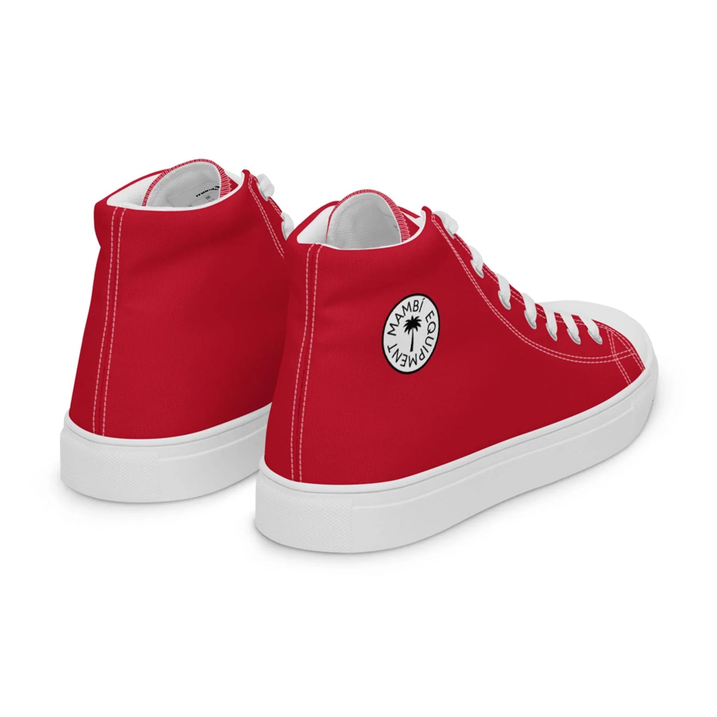 A pair of red high-top Mambí sneakers with white laces and soles. The outer sides display a round white patch with black text reading MIAMI CLUB WEAR and a small palm tree graphic in the center.