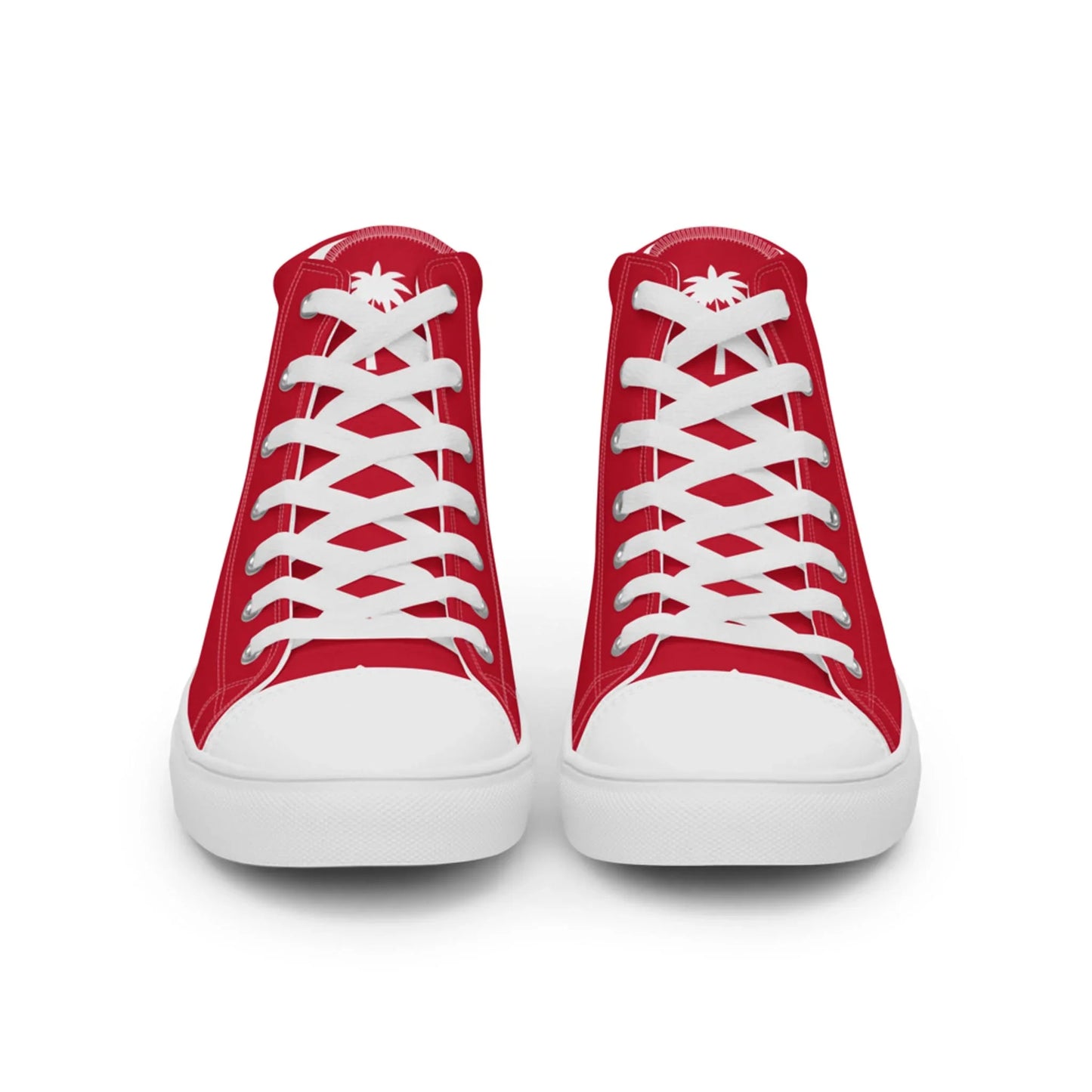 A pair of red high-top sneakers with white laces, white toe caps, and a white palm tree design on the tongue featuring subtle Mambí details, shown from the front against a plain white background.