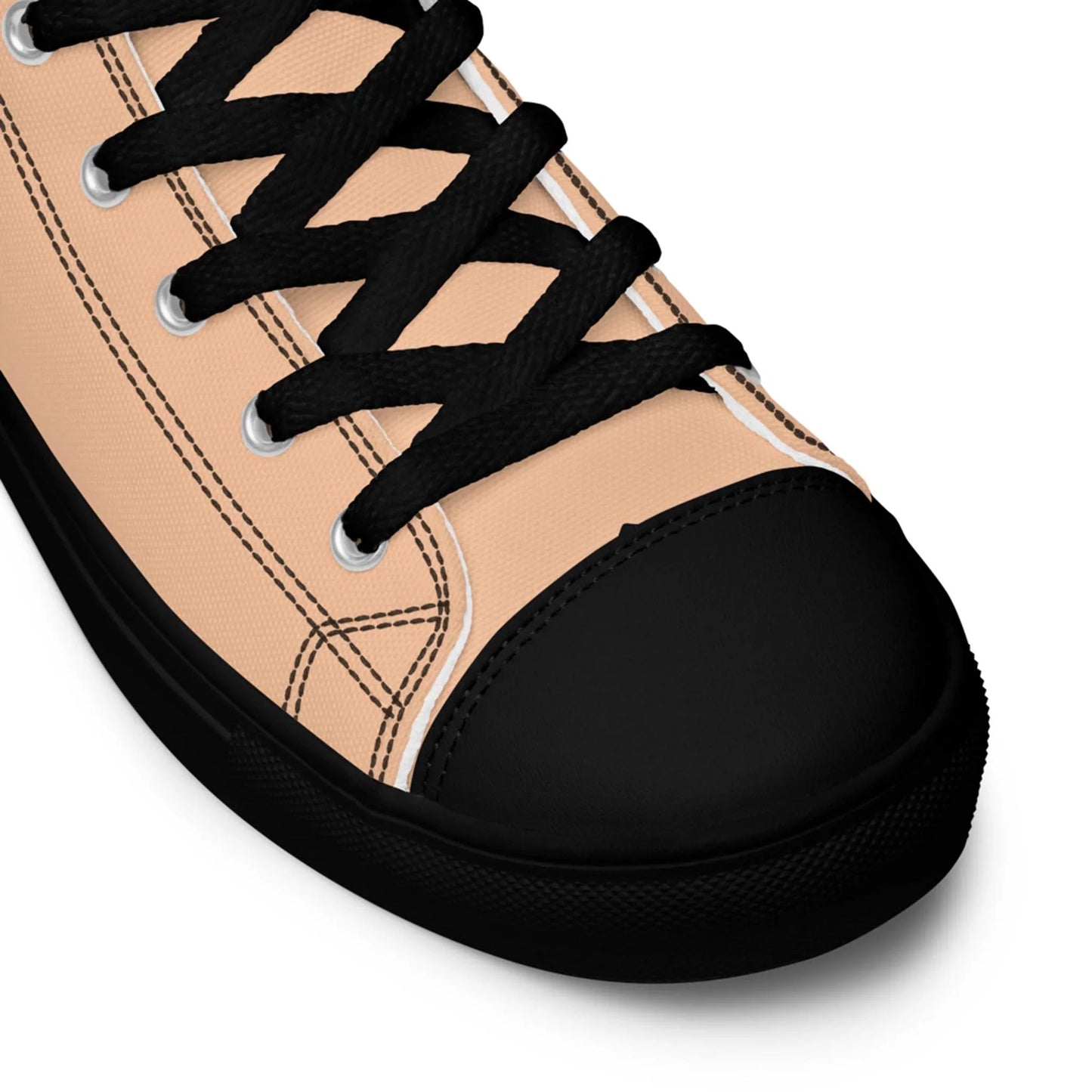 Close-up of the Carlito Sastre Vintage Hi-Top Sneakers by Printful for women in Black/Peach, highlighting the detailed stitching, textured canvas, black laces, toe cap, and sole.