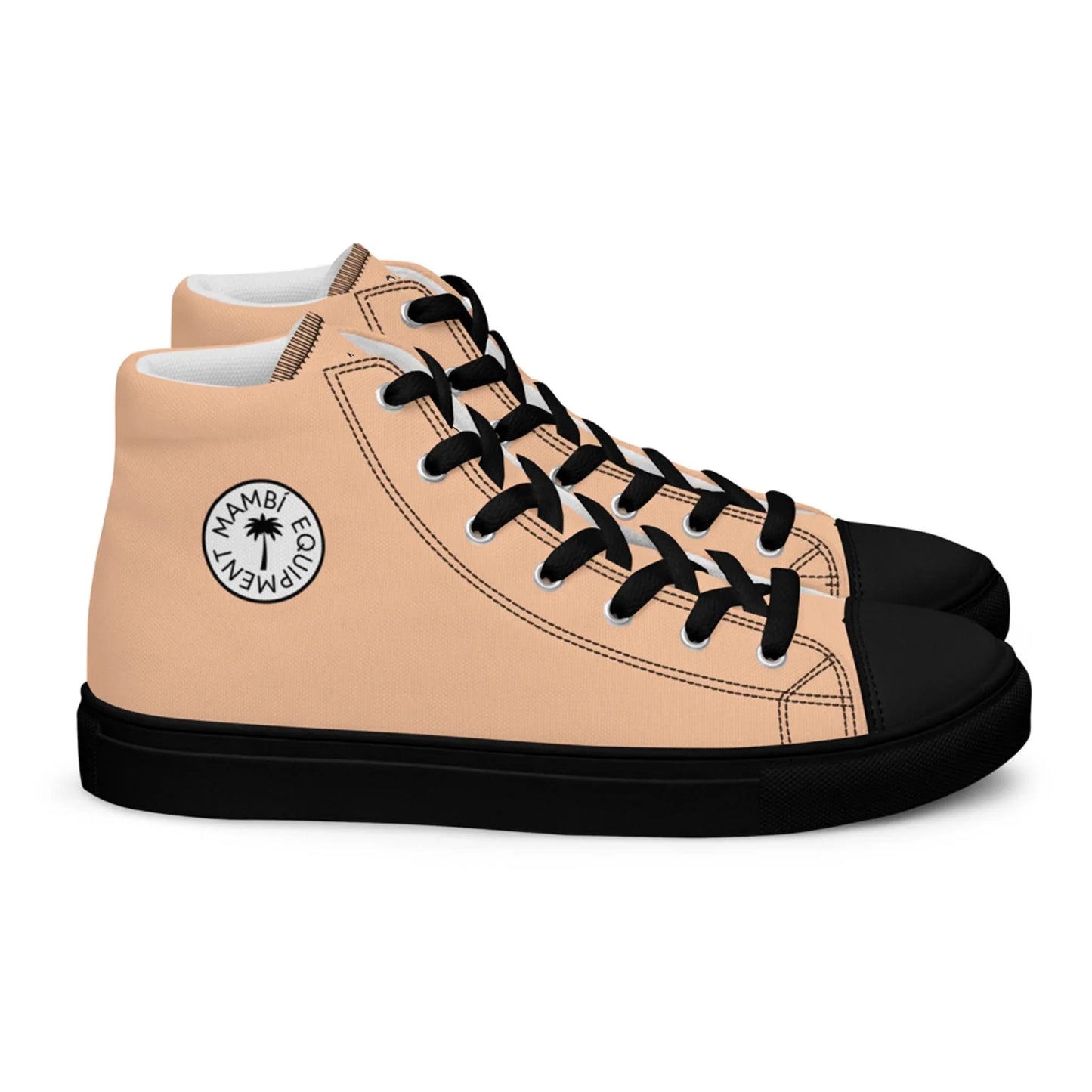 The Printful Carlito Sastre Vintage Hi-Top Sneakers for women feature beige sides, black laces and toe caps, peach soles, and a white circular patch with HAMBI ECUMENAT around a star.