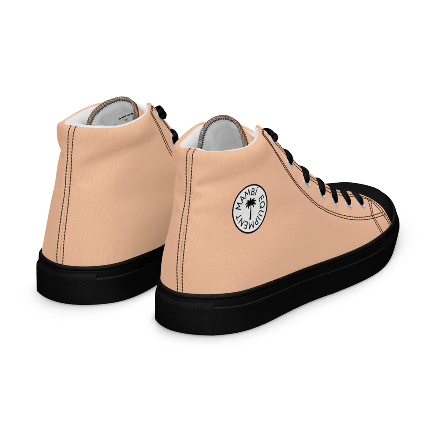 The Carlito Sastre Vintage Hi-Top Sneakers for women by Printful feature a black sole, toe cap, and laces with a peach upper. A white patch with a palm tree and MAMBI MOVEMENT text accents the heel—ideal for Carlos Sastre fans.