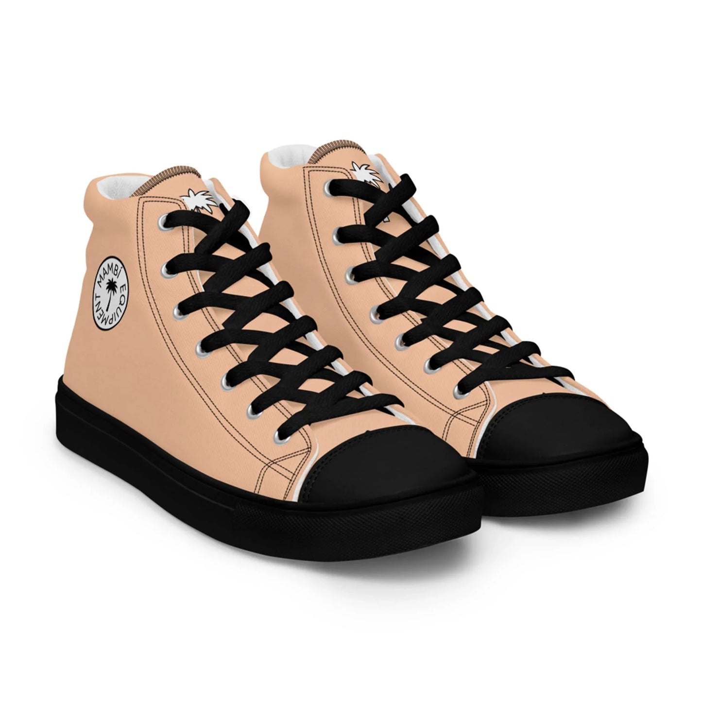 The Carlito Sastre Vintage Hi-Top Sneakers by Printful feature light peach sides, black toe caps, laces, and soles, plus a circular ankle logo—women’s shoes styled after legends, in classic black/peach.
