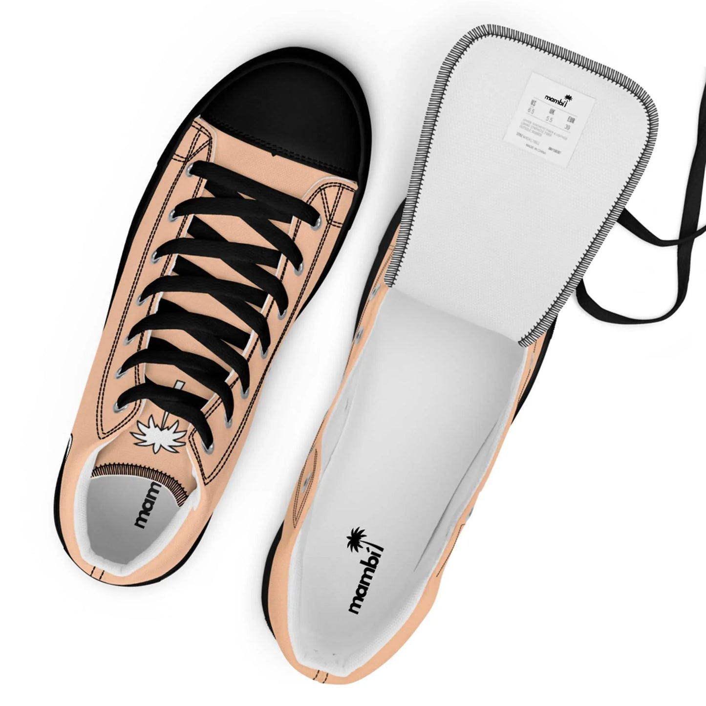 The Carlito Sastre Vintage Hi-Top Sneakers for women by Printful feature a black/peach canvas design, black laces, and a palm tree logo on the tongue and insole; shown from above and with the tongue extended to reveal the label.