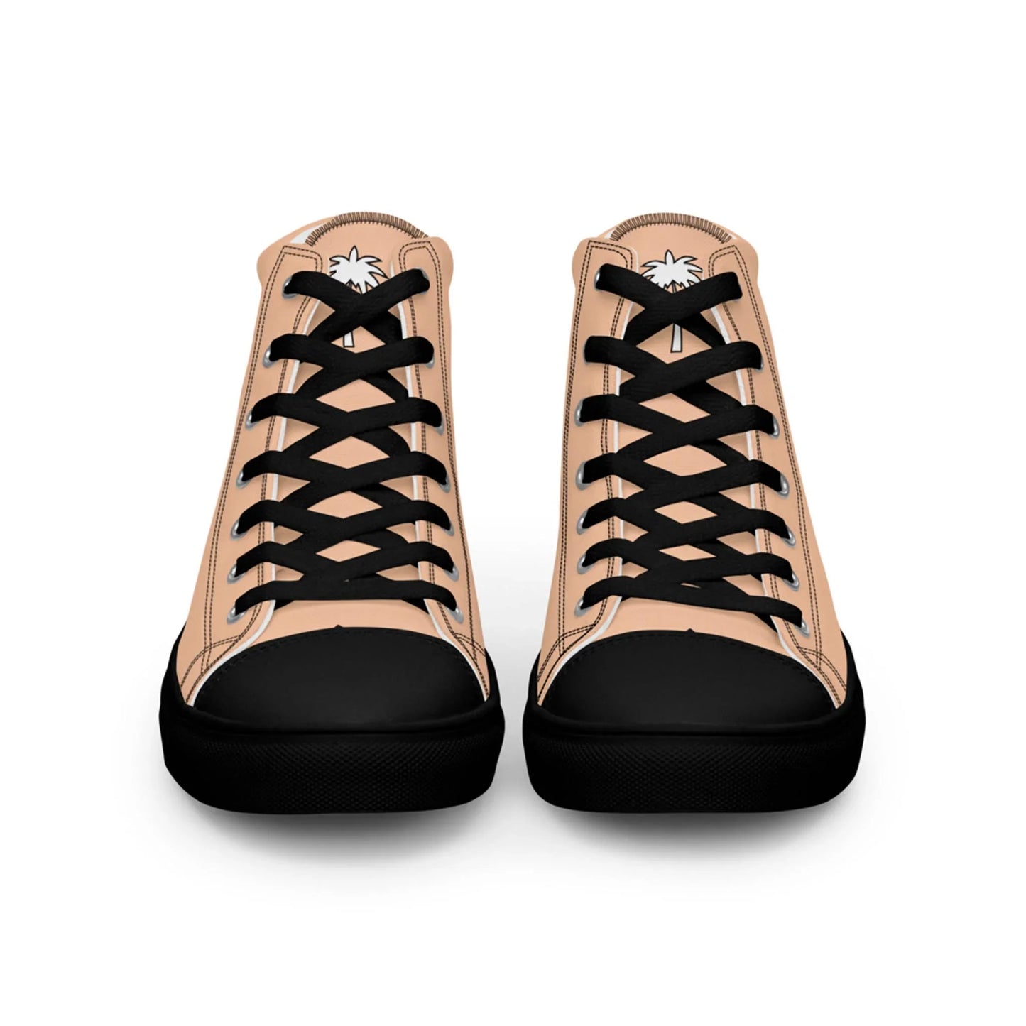 The Carlito Sastre Vintage Hi-Top Sneakers by Printful for women feature a black and peach canvas design with black laces, toes, and soles, plus a white palm tree logo on each tongue. Shoes are shown facing forward on a white background.