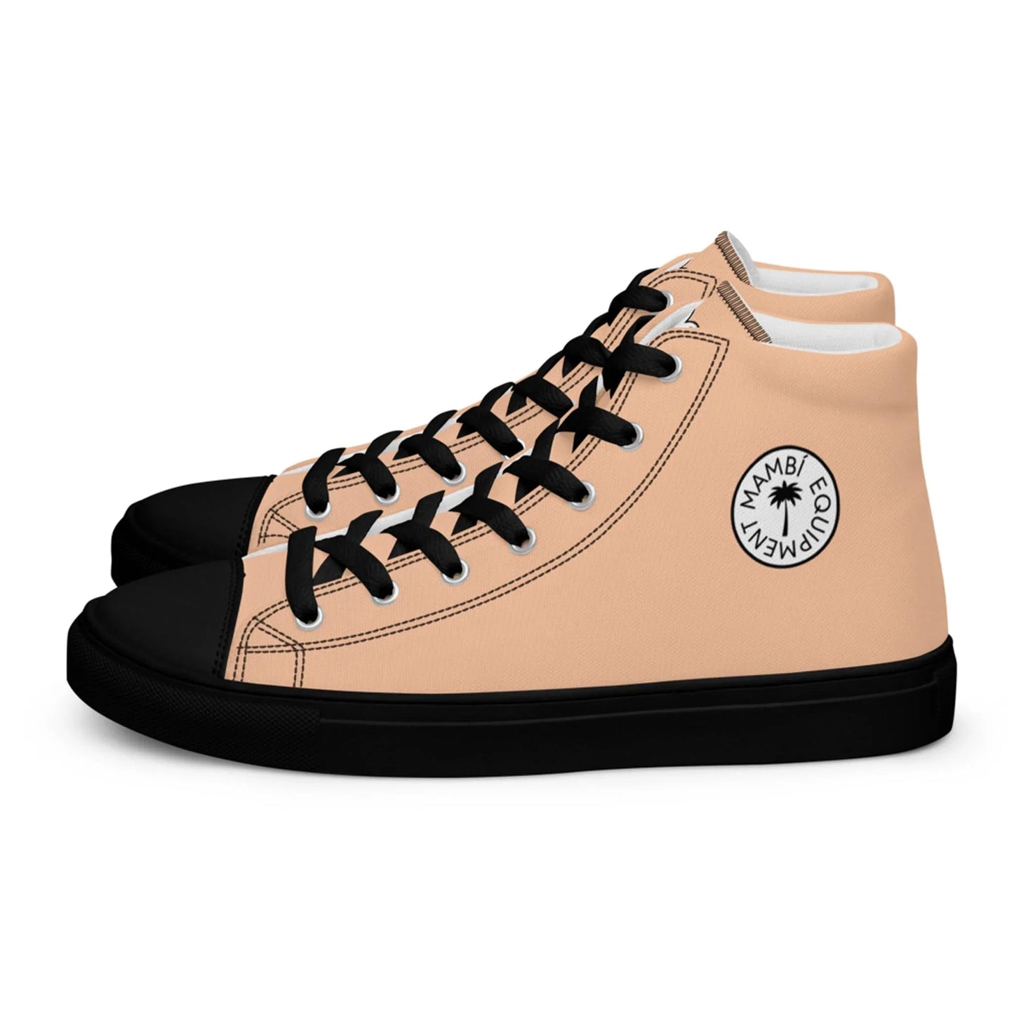 The Carlito Sastre Vintage Hi-Top Sneakers by Printful for women feature beige uppers, black laces, toe caps, and soles, with a round white “MAMBI COQUIMAMBI” logo on the side. Color: Black/Peach.