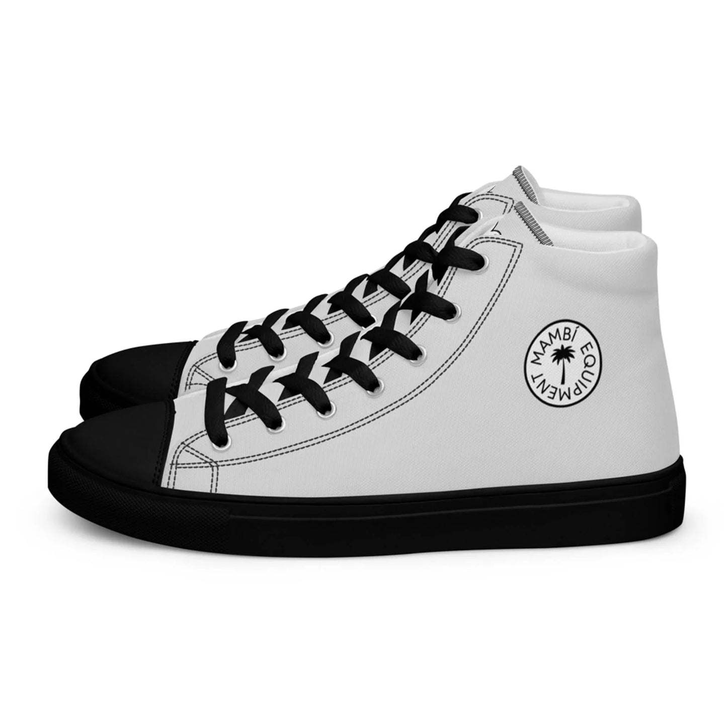 A pair of white high-top Mambí sneakers with black soles, black toe caps, and black laces. The side features a round “MAMBI EQUATION” logo and a small palm tree graphic.