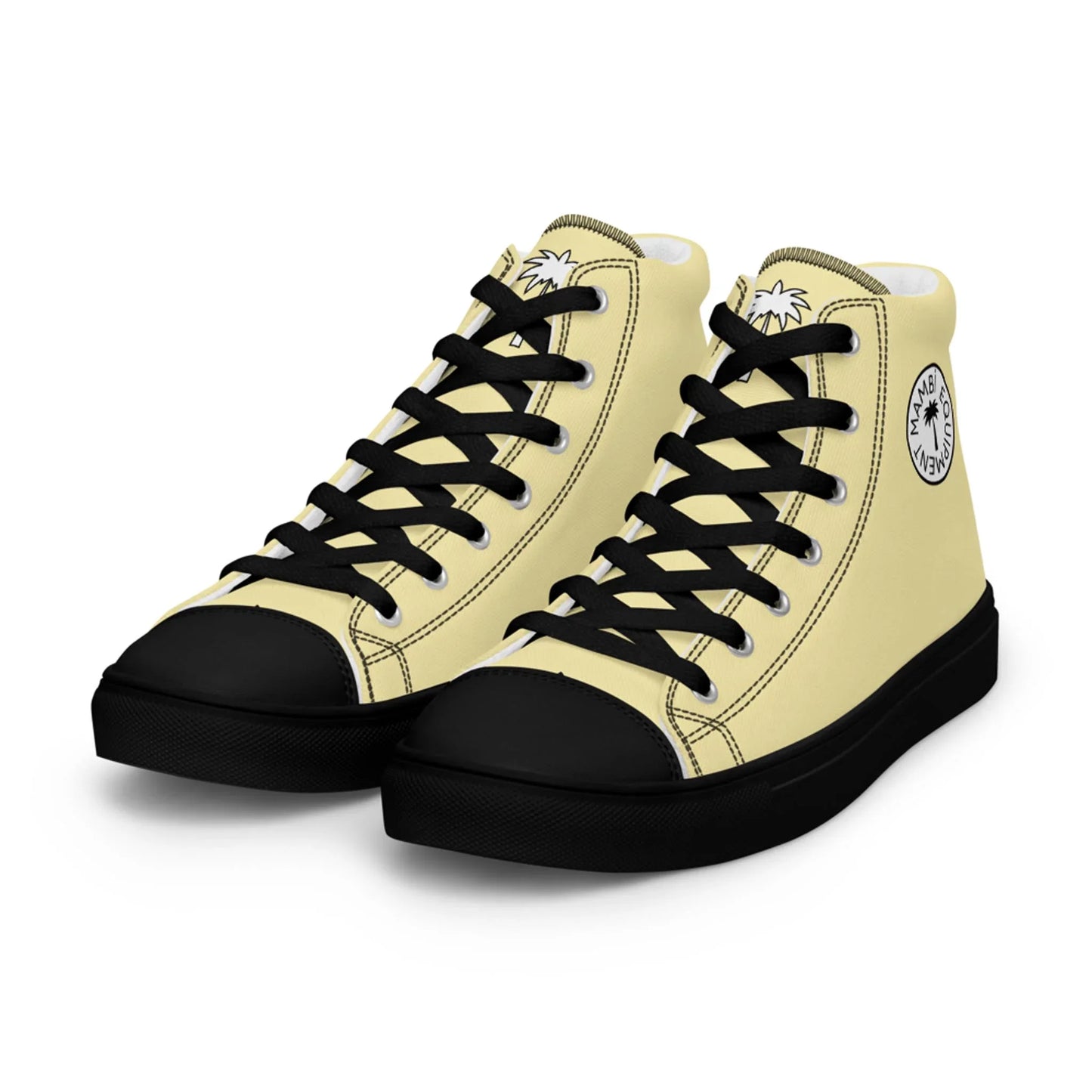 The Printful Carlito Sastre Vintage Hi-Top Sneakers for men feature cream (Banana Mania) canvas sides, black toe caps, laces, and soles, plus a small palm tree logo on the ankle and tongue.