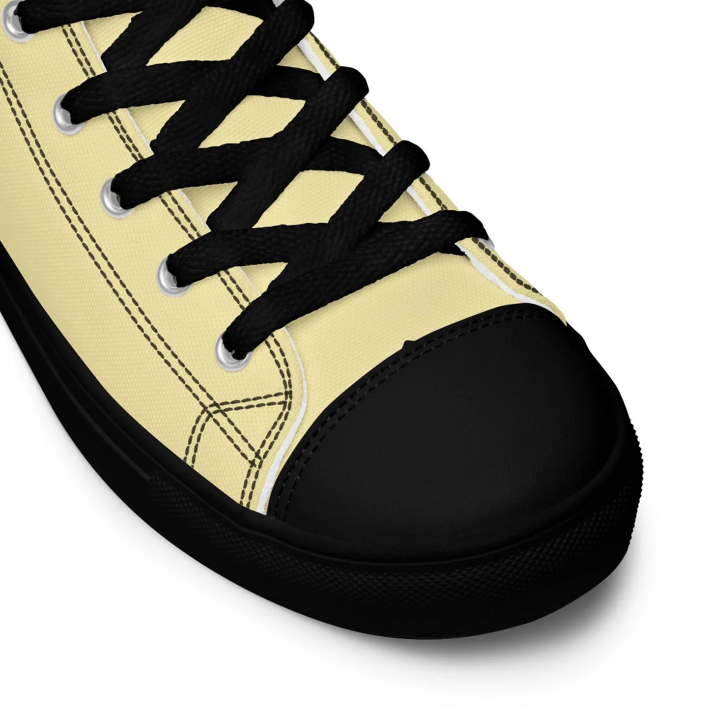 Close-up of Printfuls Carlito Sastre Vintage Hi-Top Sneakers for men in Black/Banana Mania, featuring black laces, stitching, solid black toe cap and sole, angled to showcase the side and front for a classic vintage look.