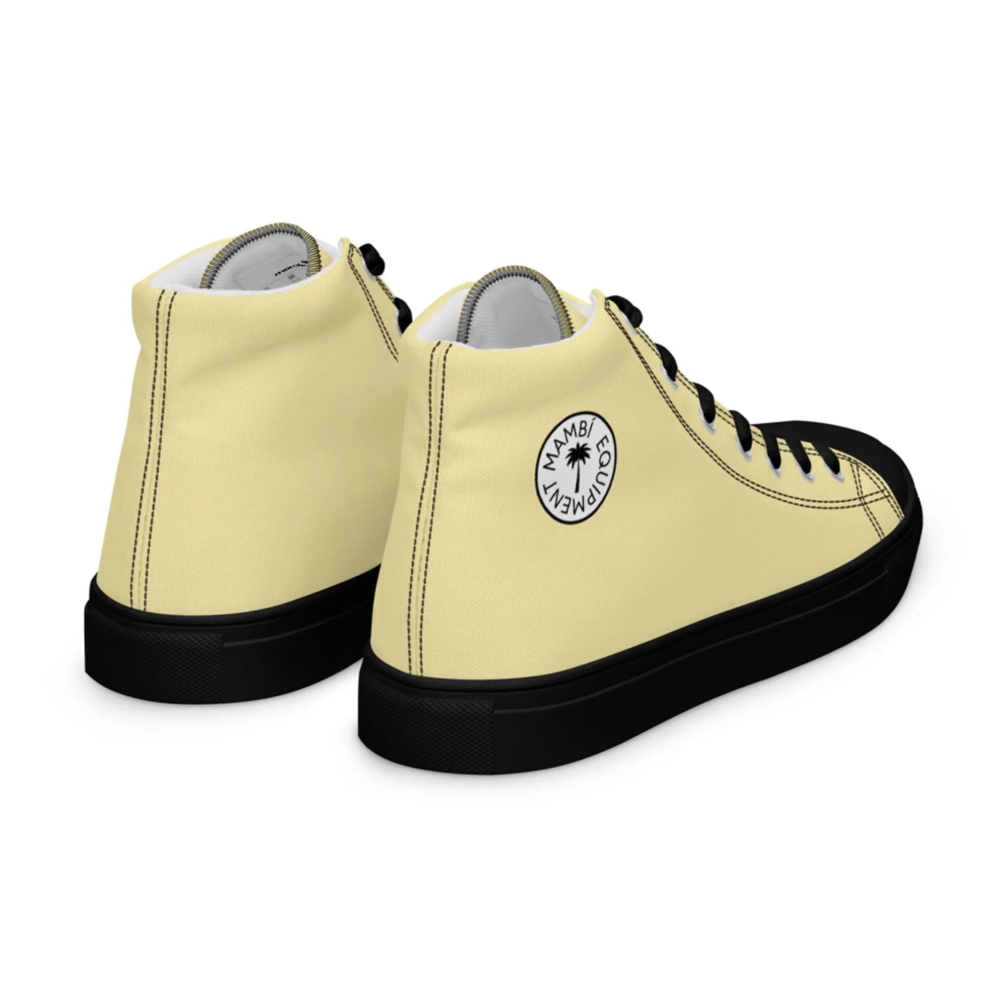 The Carlito Sastre Vintage Hi-Top Sneakers by Printful feature Black/Banana Mania canvas, black toe caps, soles, and laces, with the “MAMBI CLASSIC WAVE” logo visible on the ankle.