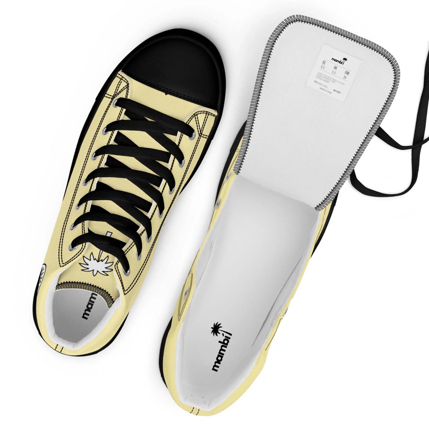 Top view of Printful Carlito Sastre Vintage Hi-Top Sneakers for men in Black/Banana Mania: the left shoe is fully laced, and the right reveals its label with a palm tree logo visible on both the tongue and insole.