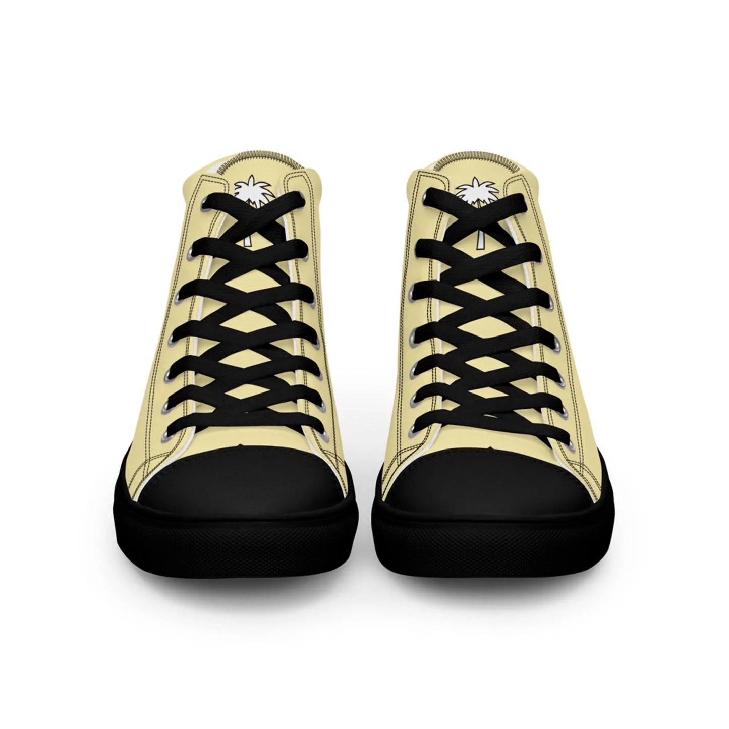 The Carlito Sastre Vintage Hi-Top Sneakers by Printful for men feature black soles and laces, banana mania (beige) canvas uppers, and palm tree graphics on the tongues. Shown from the front.