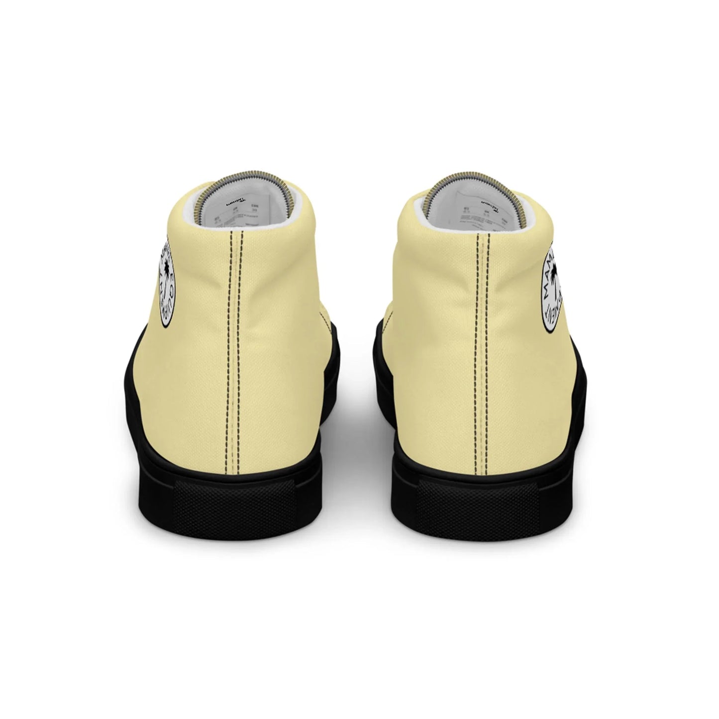 The Printful Carlito Sastre Vintage Hi-Top Sneakers for men feature Black/Banana Mania canvas uppers, black soles, black heel stitching, and a circular black and white ankle logo.