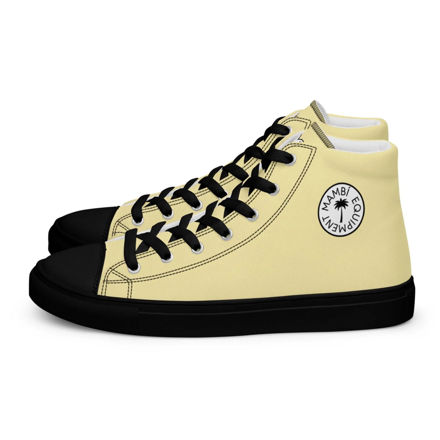 The Carlito Sastre Vintage Hi-Top Sneakers for men by Printful feature yellow canvas, black soles, laces, and toe caps, plus a circular palm tree MAMBI EQUIPMENT logo on the side. Color: Black/Banana Mania.