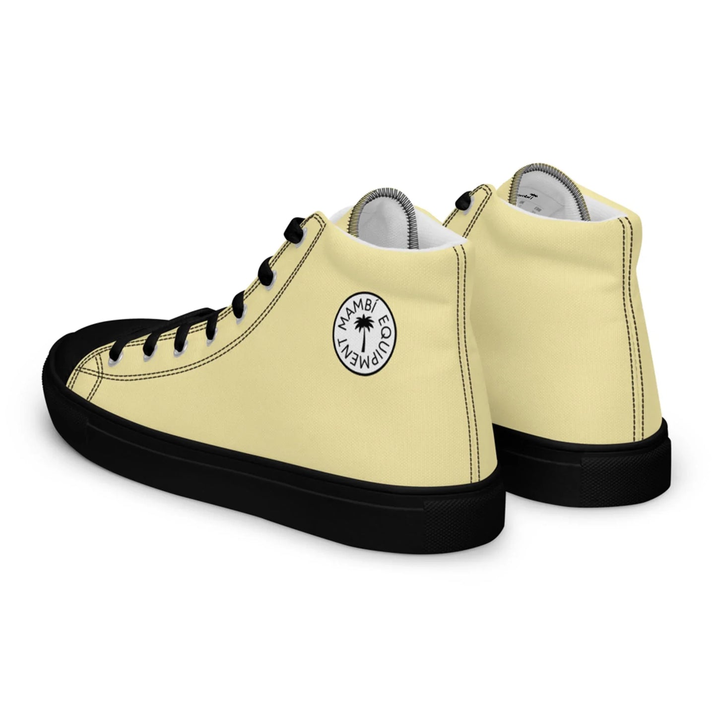 The Printful Carlito Sastre Vintage Hi-Top Sneakers for men feature black laces, toe caps, and soles, light yellow (Banana Mania) sides, and a circular MIAMI COMPANY palm tree logo on the outer ankle.
