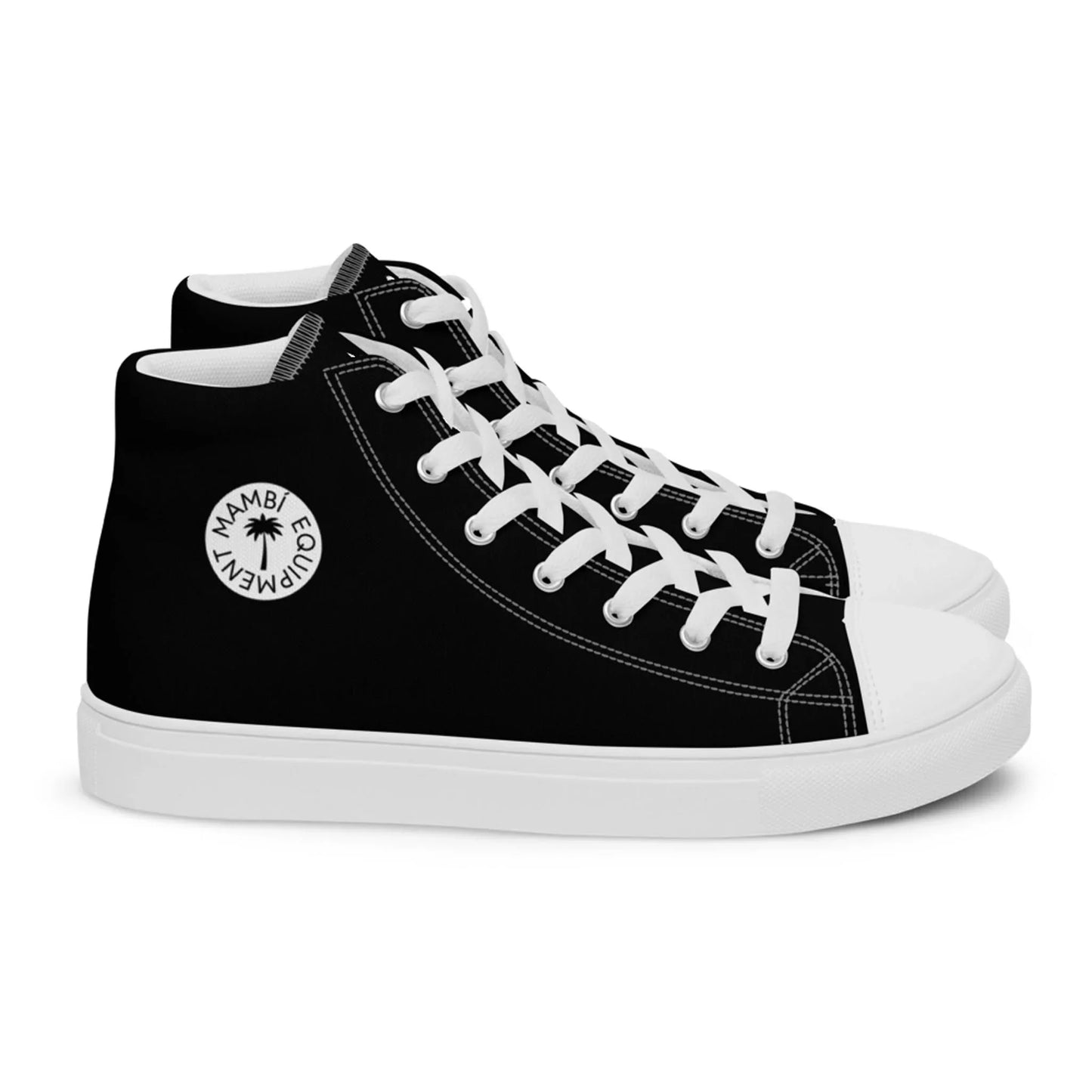 The Carlito Sastre Vintage Hi-Top Sneakers by Printful for women feature a classic black canvas design with white laces, rubber soles, and a circular MAMBI EQUIPMENT logo with a star on the side.