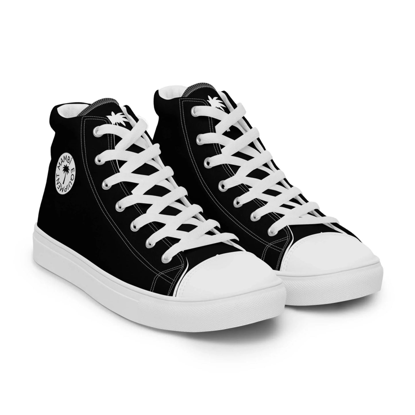 The Carlito Sastre Vintage Hi-Top Sneakers by Printful for women feature a black and white canvas design, classic white laces, soles, and toe caps, plus a circular logo on the side of each shoe angled slightly right.
