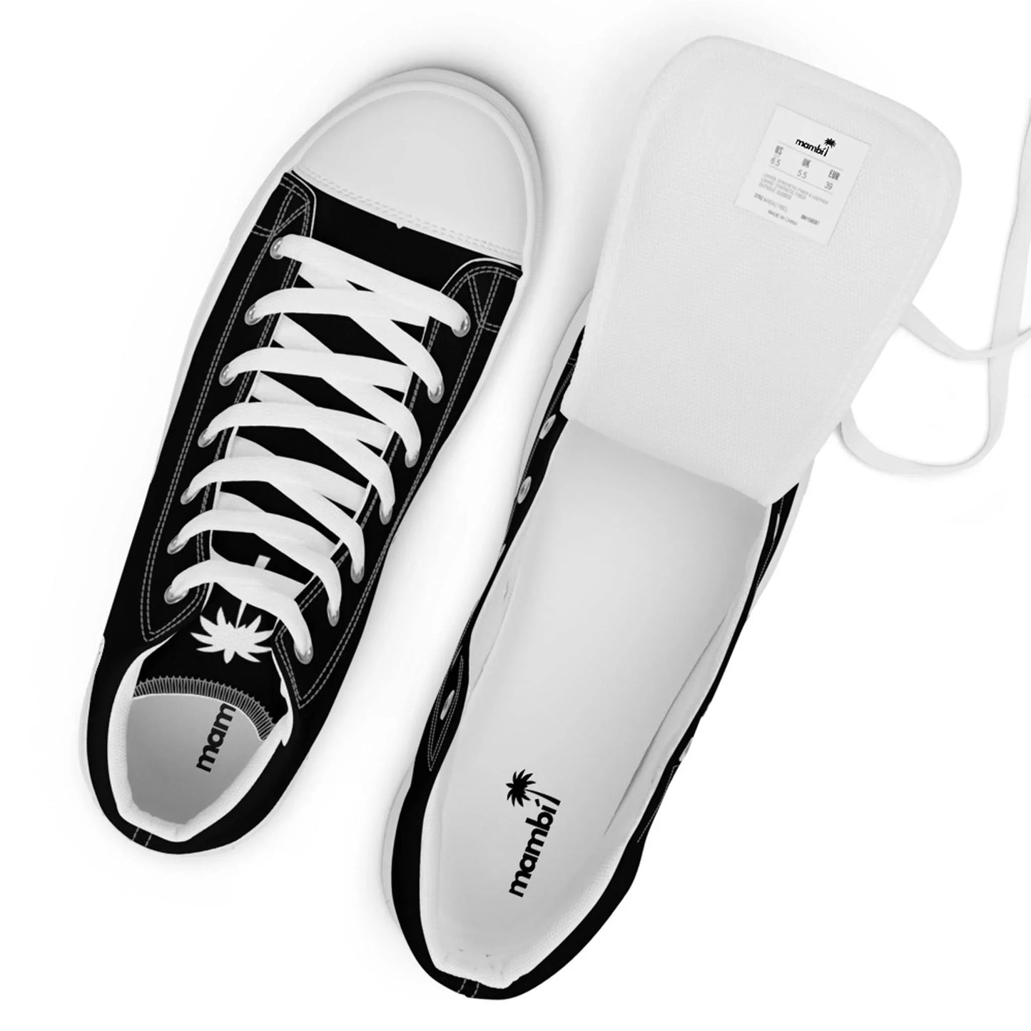 A pair of Carlito Sastre Vintage Hi-Top Sneakers by Printful in womens white/black, featuring white laces. One shoe stands upright and the other on its side, showing a palm tree logo, “mambij” branding, and size label on the tongue.