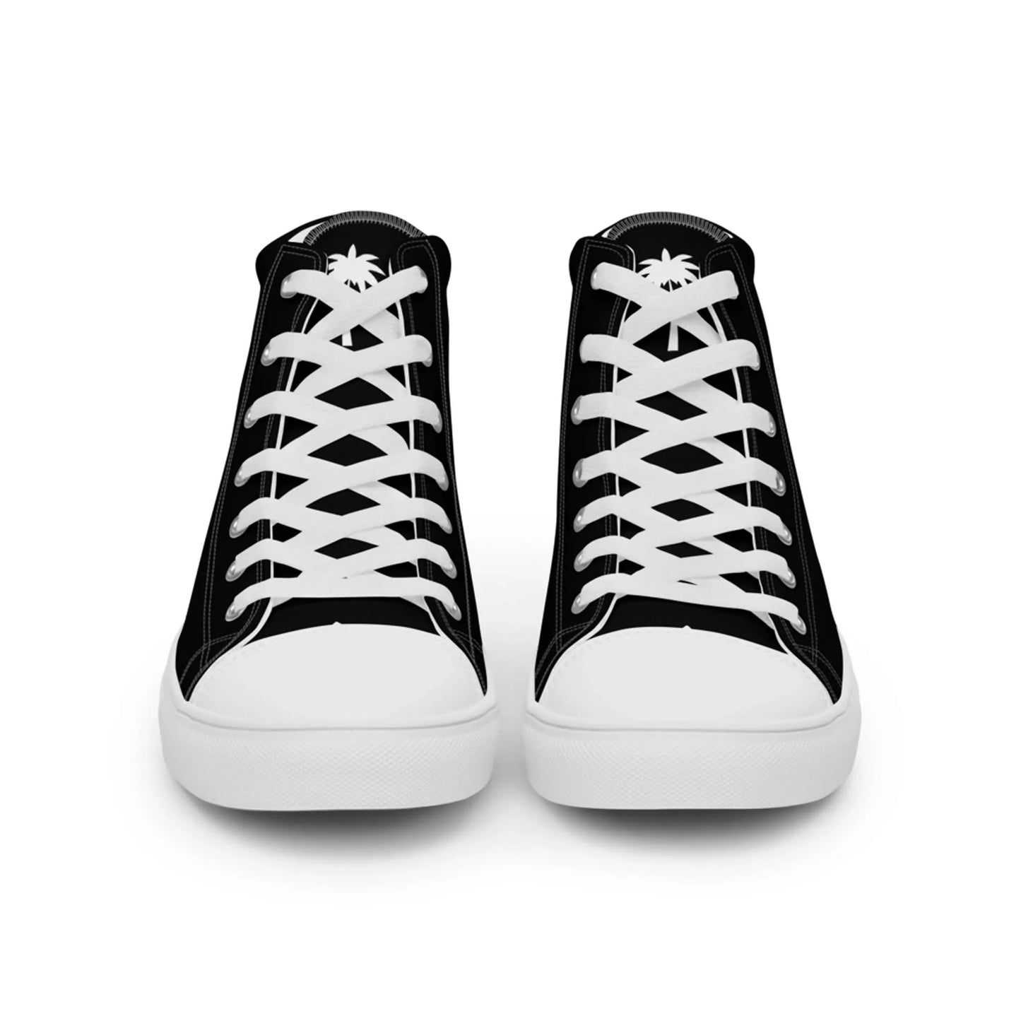 The Carlito Sastre Vintage Hi-Top Sneakers for women by Printful are shown in white and black with white laces and toe caps, viewed from the front on a plain white background.