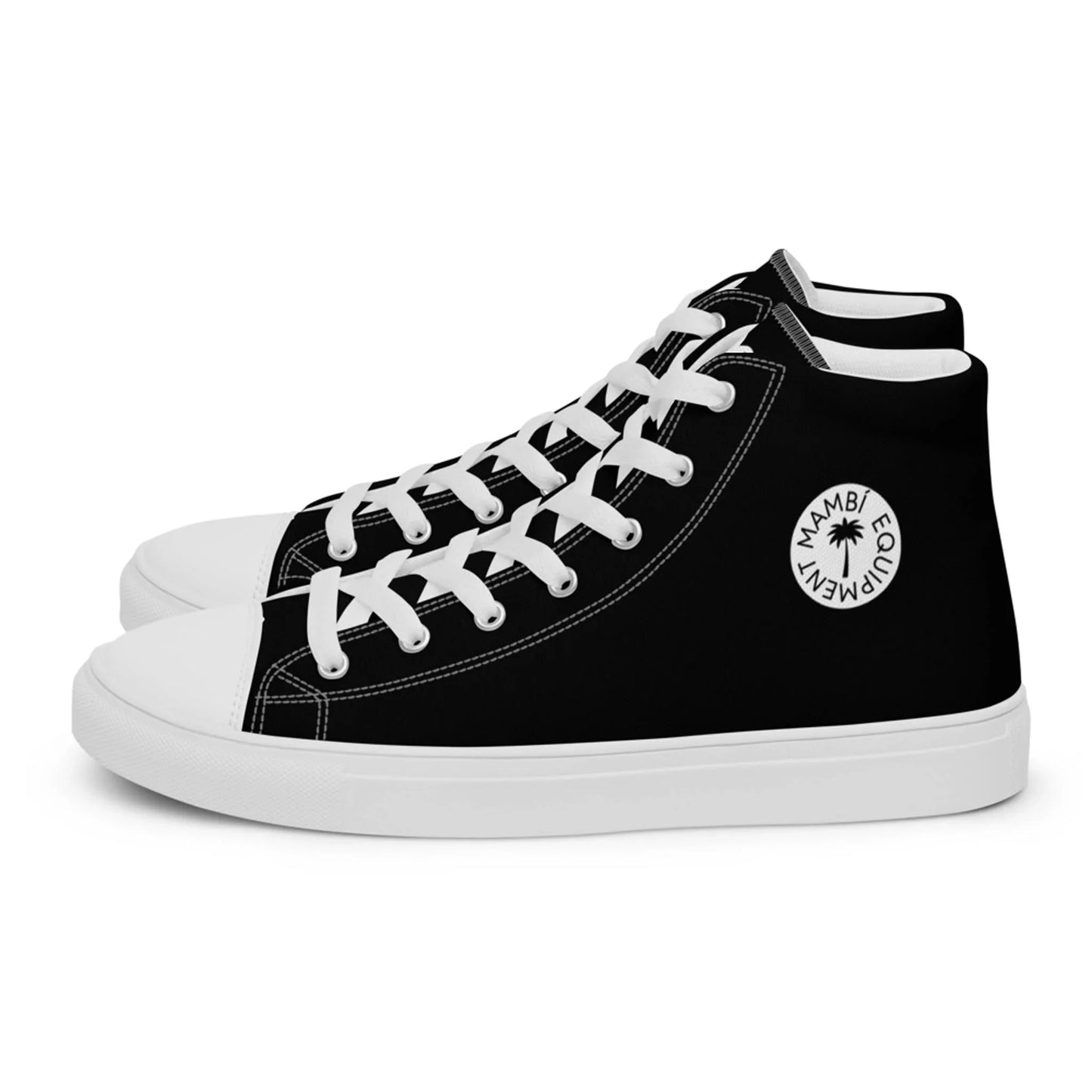 The Carlito Sastre Vintage Hi-Top Sneakers by Printful feature black canvas, white soles, laces, and stitching, plus a circular palm tree MAMBI EQUALITY logo on the side. Designed for women in a classic white/black colorway.