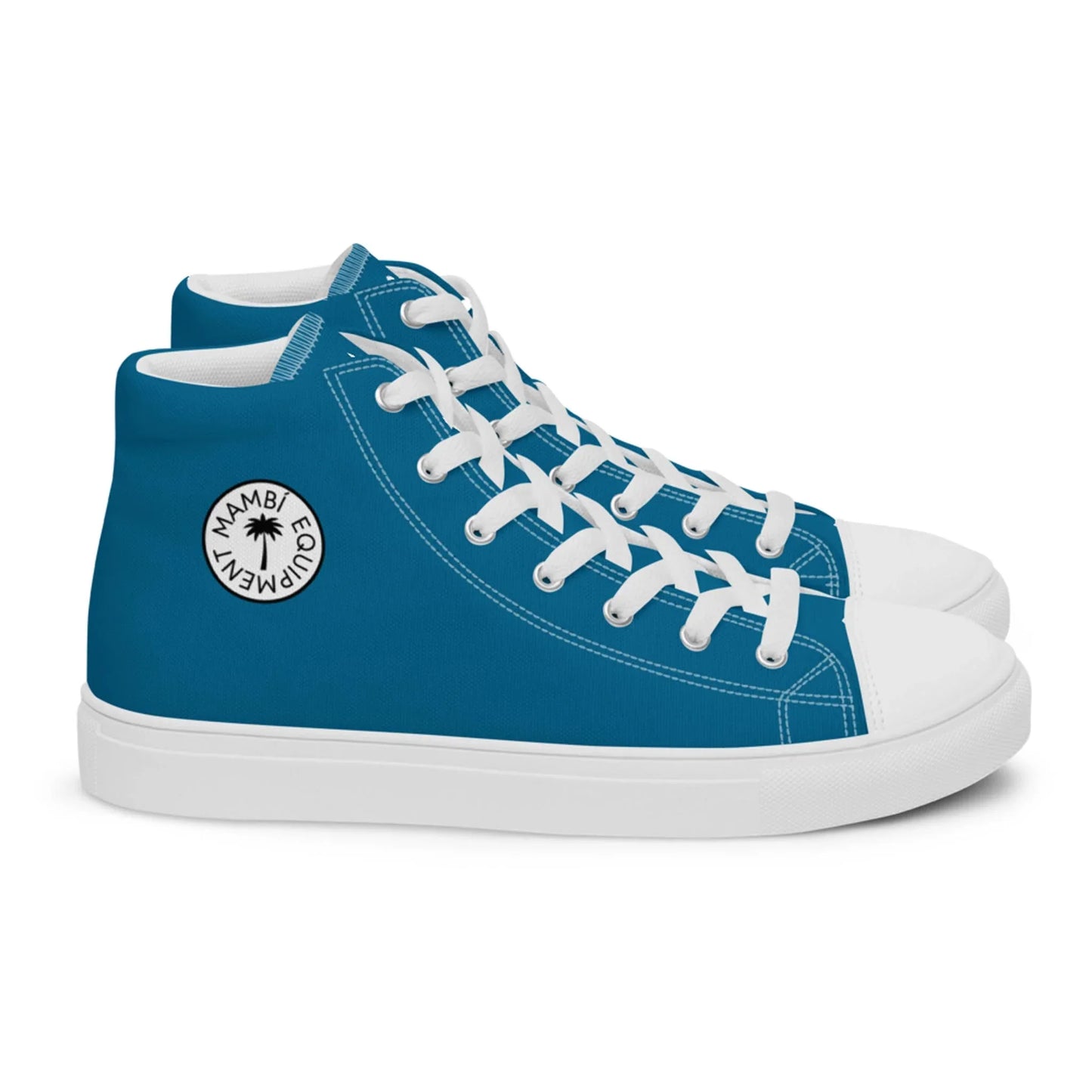 A pair of blue high-top sneakers with white laces and soles. The shoes feature a circular black and white Mambí logo on the side that reads HAMBIE ECOUIPMENT with small star icons.