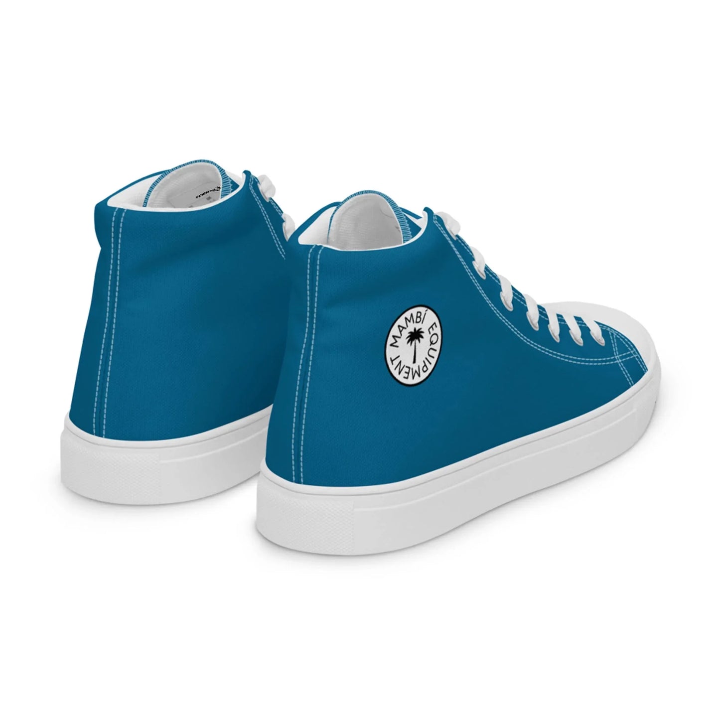A pair of blue Mambí high-top sneakers with white soles, white laces, and a round black-and-white logo near the ankle. The shoes are positioned with the heels facing forward.
