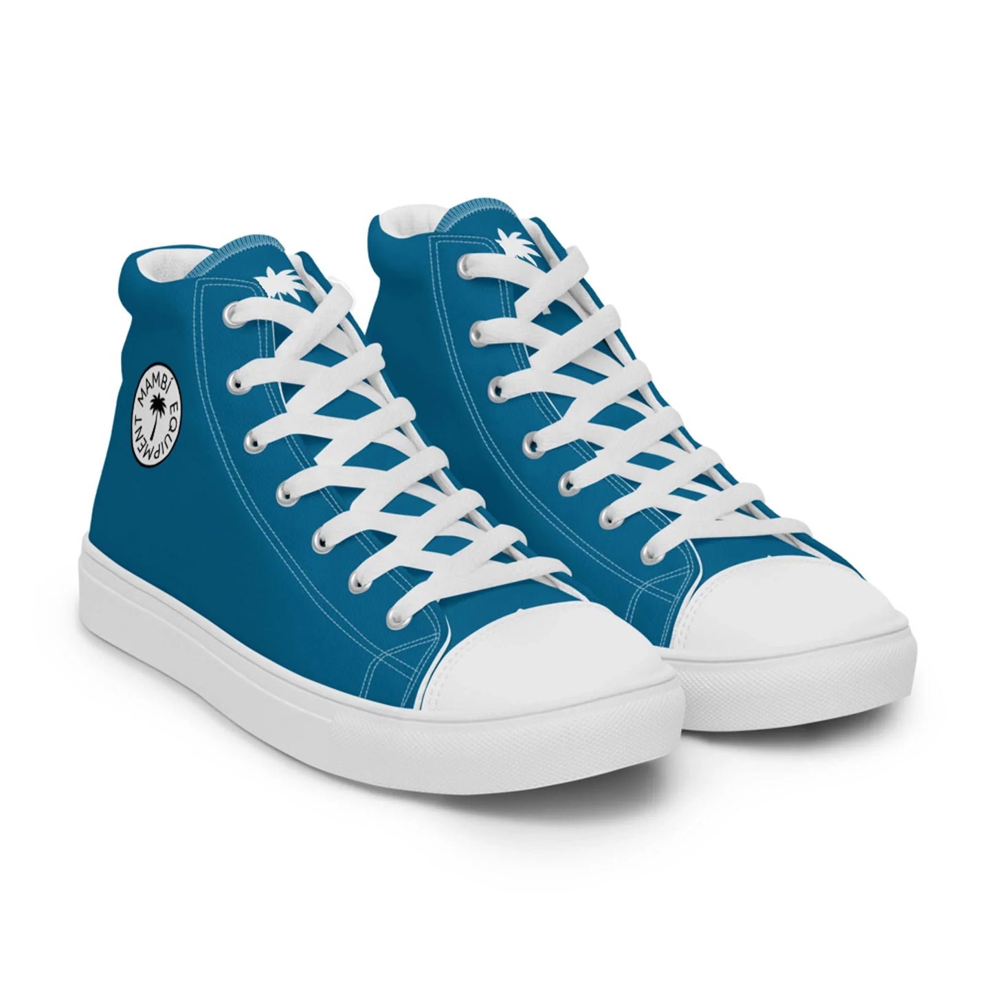 A pair of blue Mambí high-top sneakers with white rubber soles, white laces, and a circular black-and-white logo on the side. The shoes are positioned side by side on a plain white background.