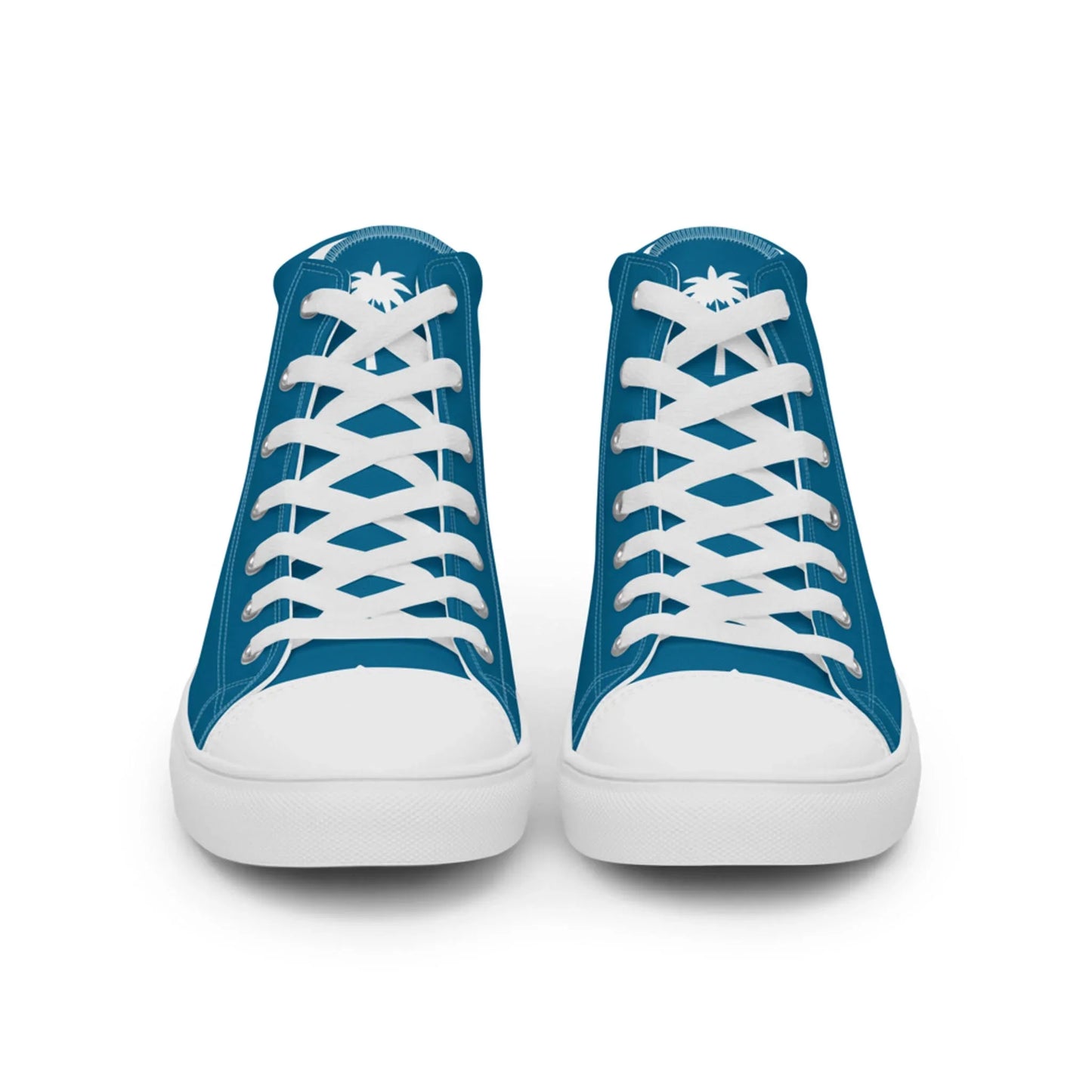 A pair of blue high-top sneakers with white laces and soles, shown from the front. Each shoe features a white palm tree graphic on the tongue, adding a Mambí-inspired touch.