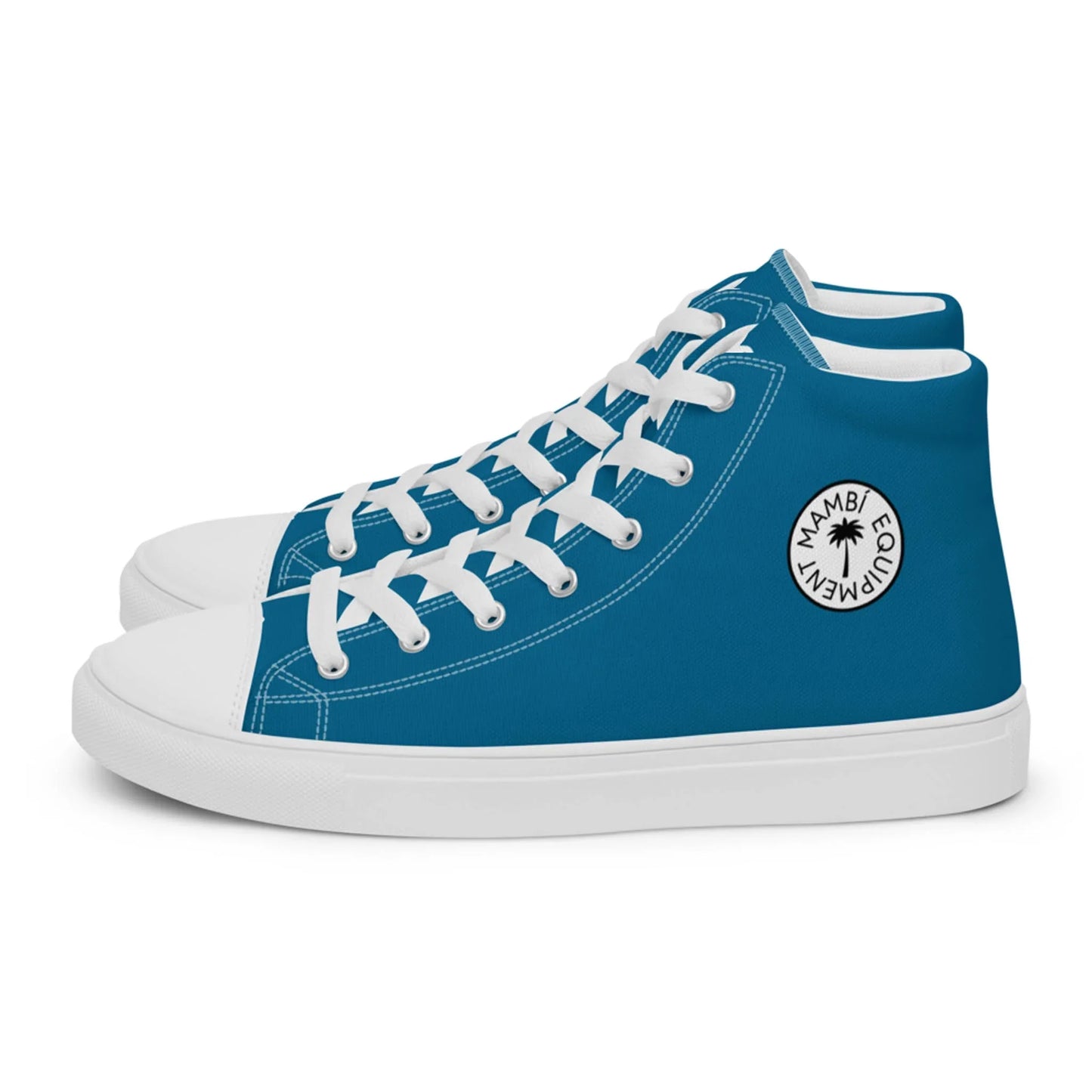 A pair of blue high-top sneakers with white soles, toe caps, and laces. The side of each shoe features a round white patch with a black palm tree and the text Mambí EQUITY in black.