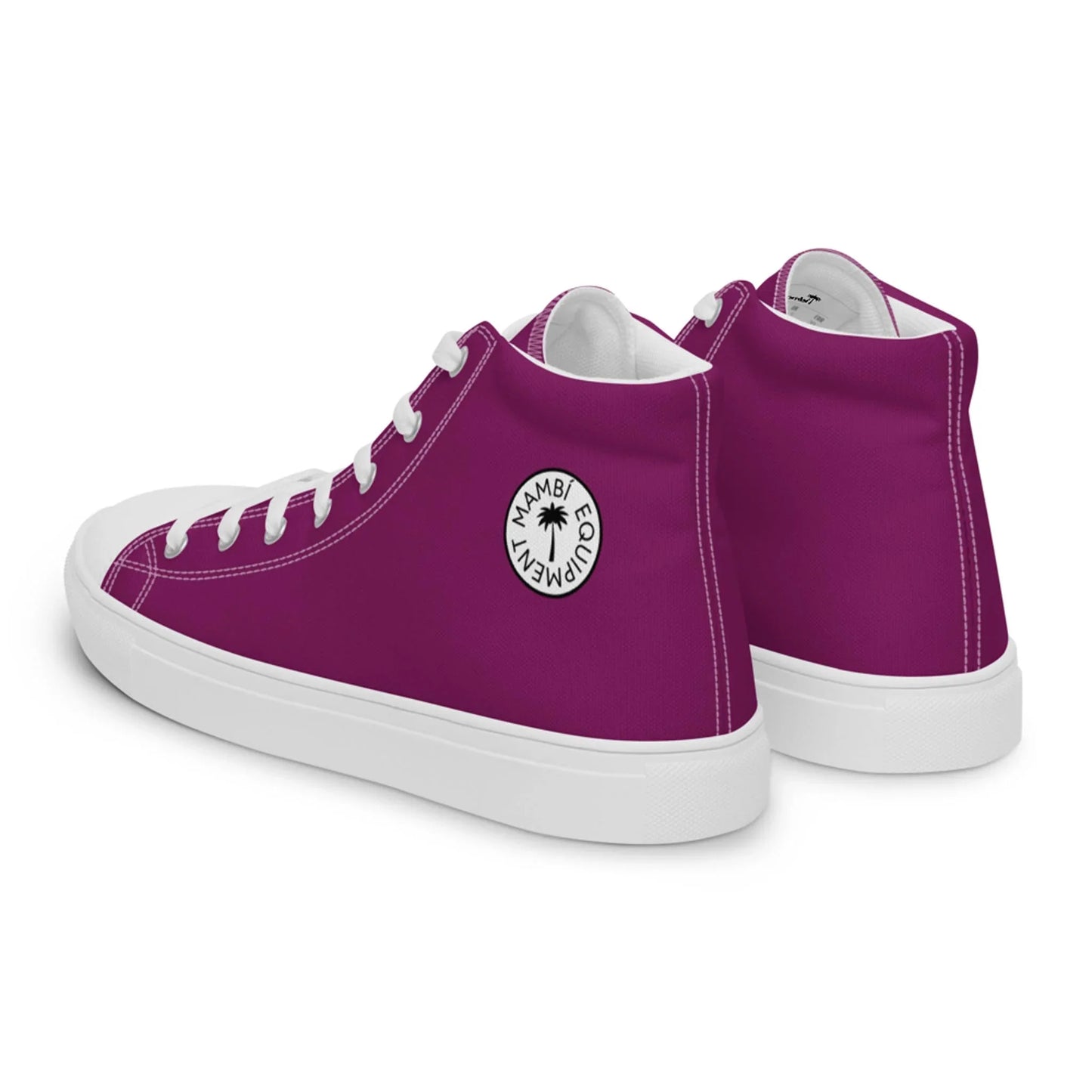 The Carlito Sastre Vintage Hi-Top Sneakers by Printful feature a white and eggplant design with white soles, laces, and a circular logo on the side. Womens size. Displayed against a plain white background.