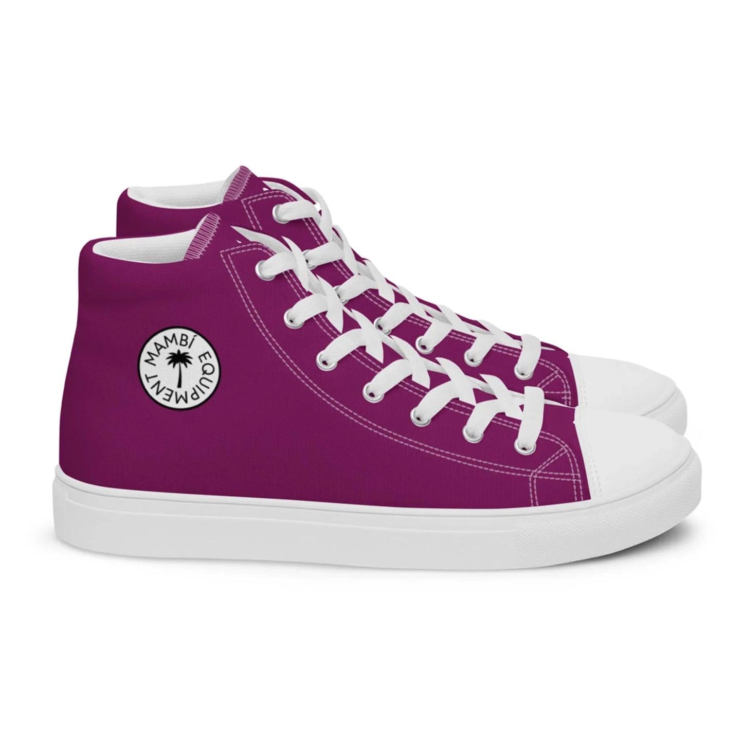 The Carlito Sastre Vintage Hi-Top Sneakers by Printful feature a white and eggplant color scheme, classic canvas style, and a circular logo with star accents reading HAMBI ECUMENAT on the side.