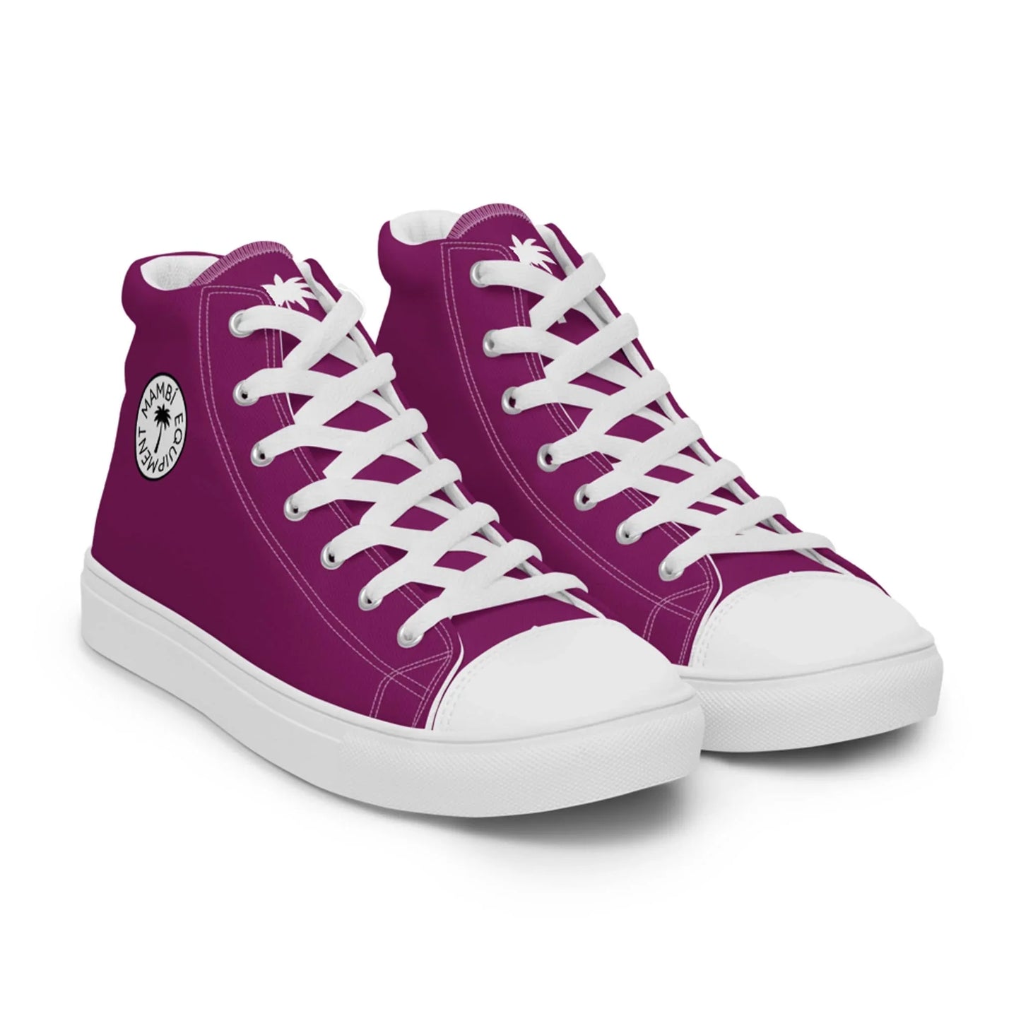 The Carlito Sastre Vintage Hi-Top Sneakers by Printful for women feature a vibrant eggplant purple canvas, white laces, soles, and toe caps, plus a classic black-and-white side logo inspired by vintage sneaker style.