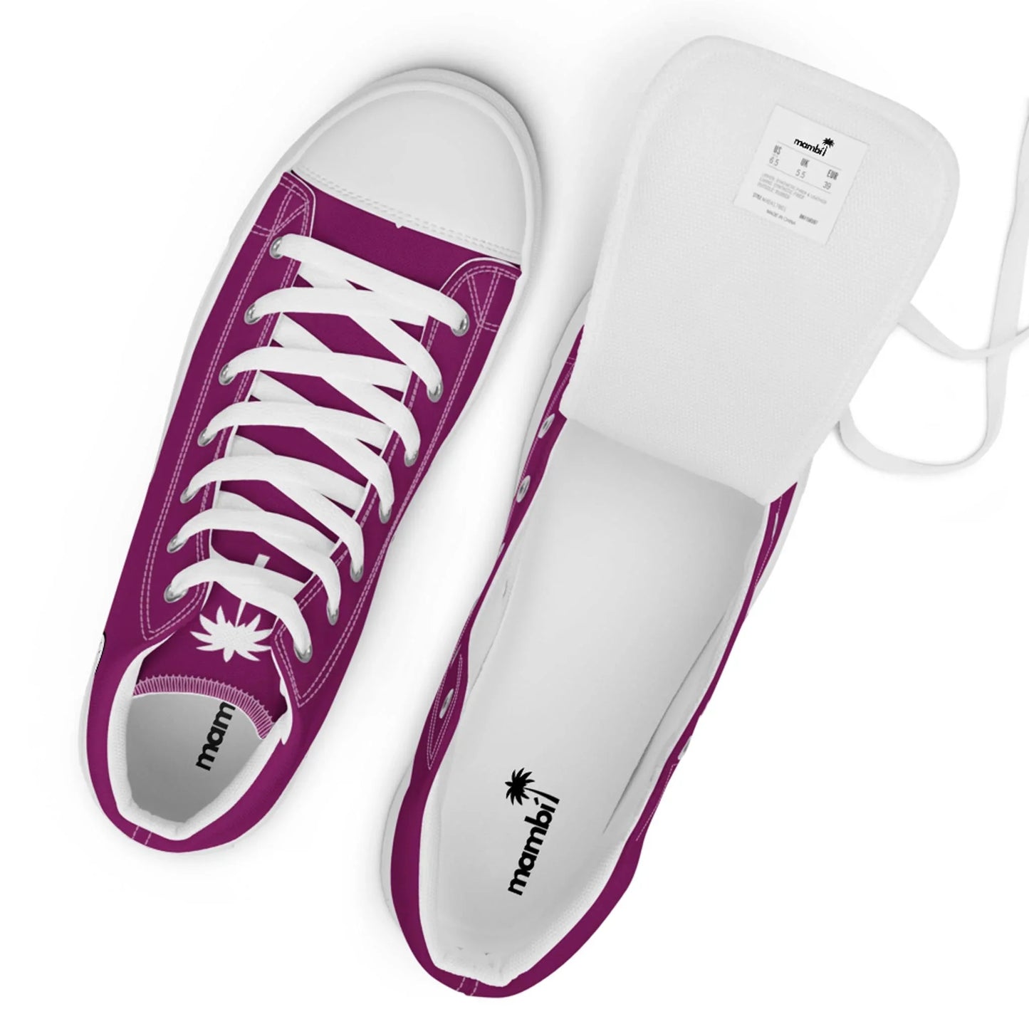 A pair of Carlito Sastre Vintage Hi-Top Sneakers by Printful in Womens White/Eggplant, one upright and one on its side with the tongue lifted to reveal the size label; both feature white laces and palm tree branding on the insole.
