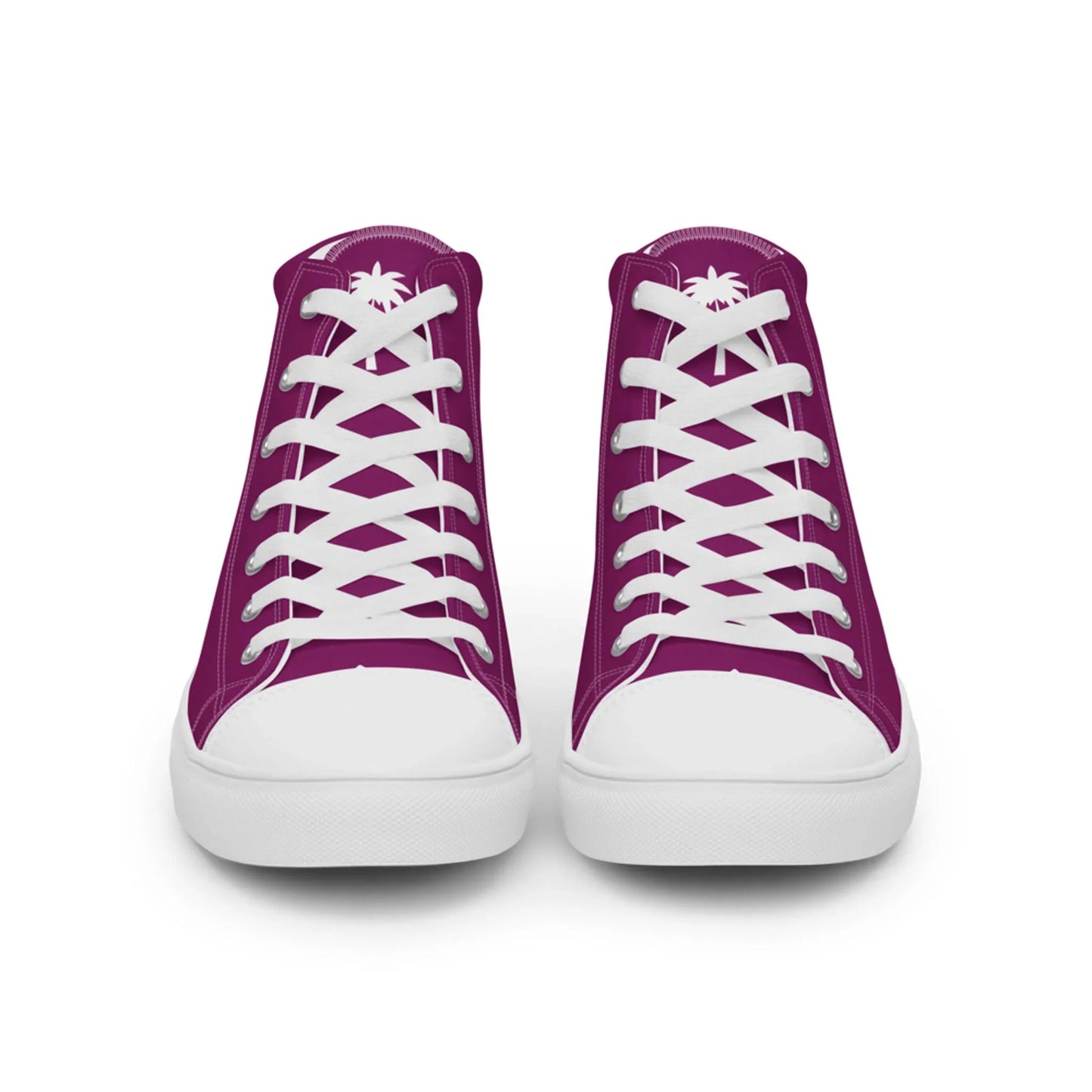 The Carlito Sastre Vintage Hi-Top Sneakers by Printful for women feature white and eggplant canvas, white laces, and toe caps, displayed from the front against a white background.