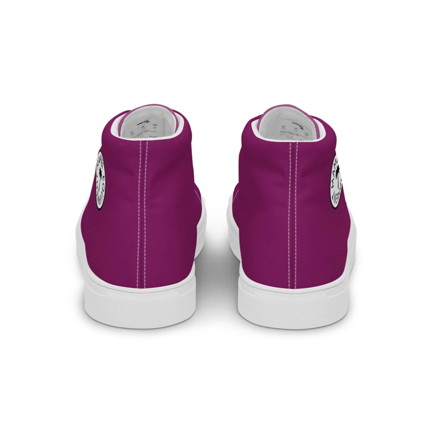 Back view of Printful Carlito Sastre Vintage Hi-Top Sneakers for women in white/eggplant, featuring a canvas upper, white soles, and a round black-and-white logo near the heel.