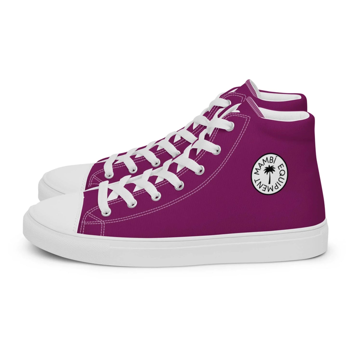 The Carlito Sastre Vintage Hi-Top Sneakers by Printful for women feature an eggplant and white canvas design, white soles and laces, plus a unique circular logo with a palm tree and MAMBI EQUITY text on the side.